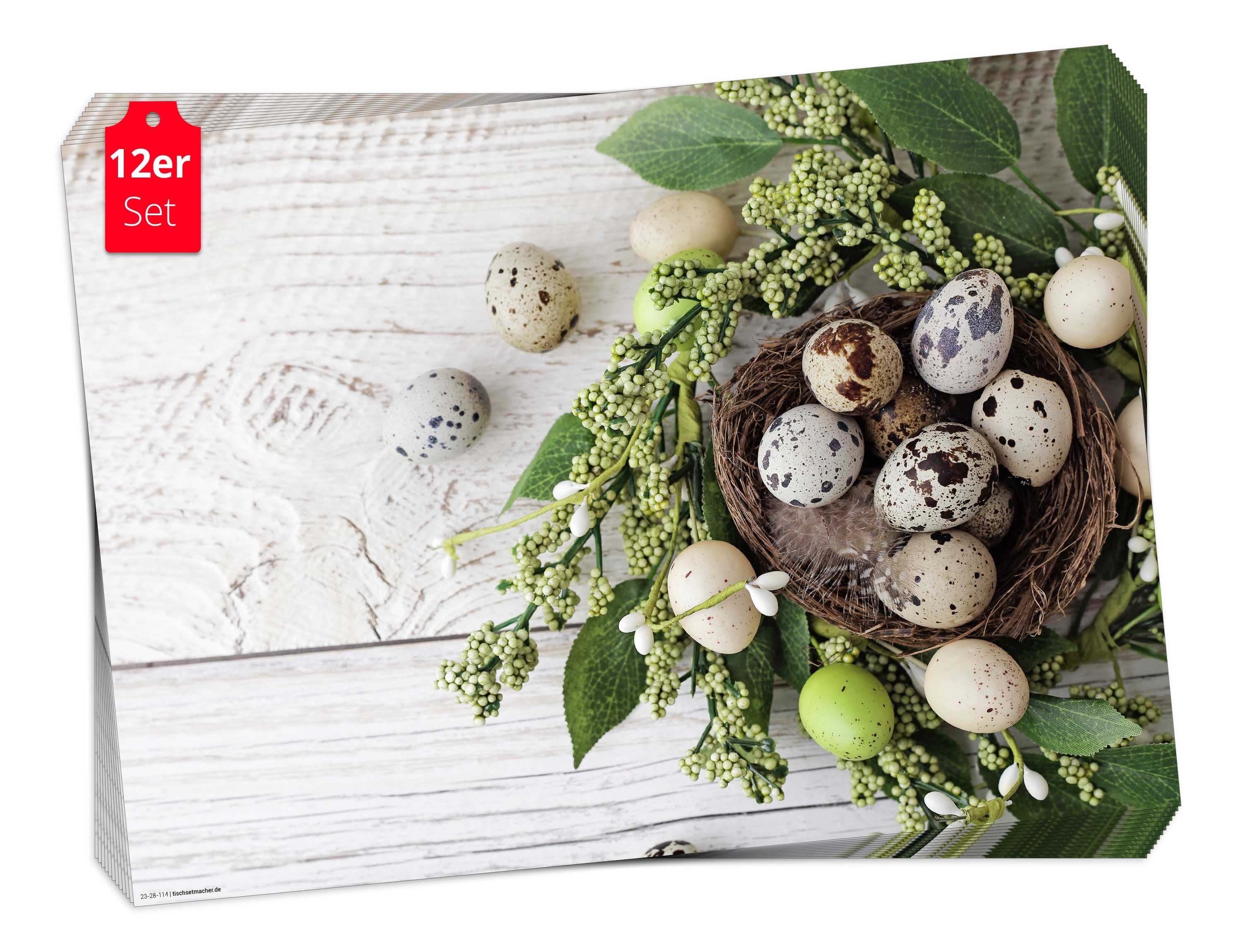 Tischsetmacher Platzset Tischset Frühling, Ostern & Blumen - Grün-weißer Frühlingstisch, (aus Naturpapier in Aufbewahrungsmappe, 12-St., 44 x 32 cm / grün-weiß)
