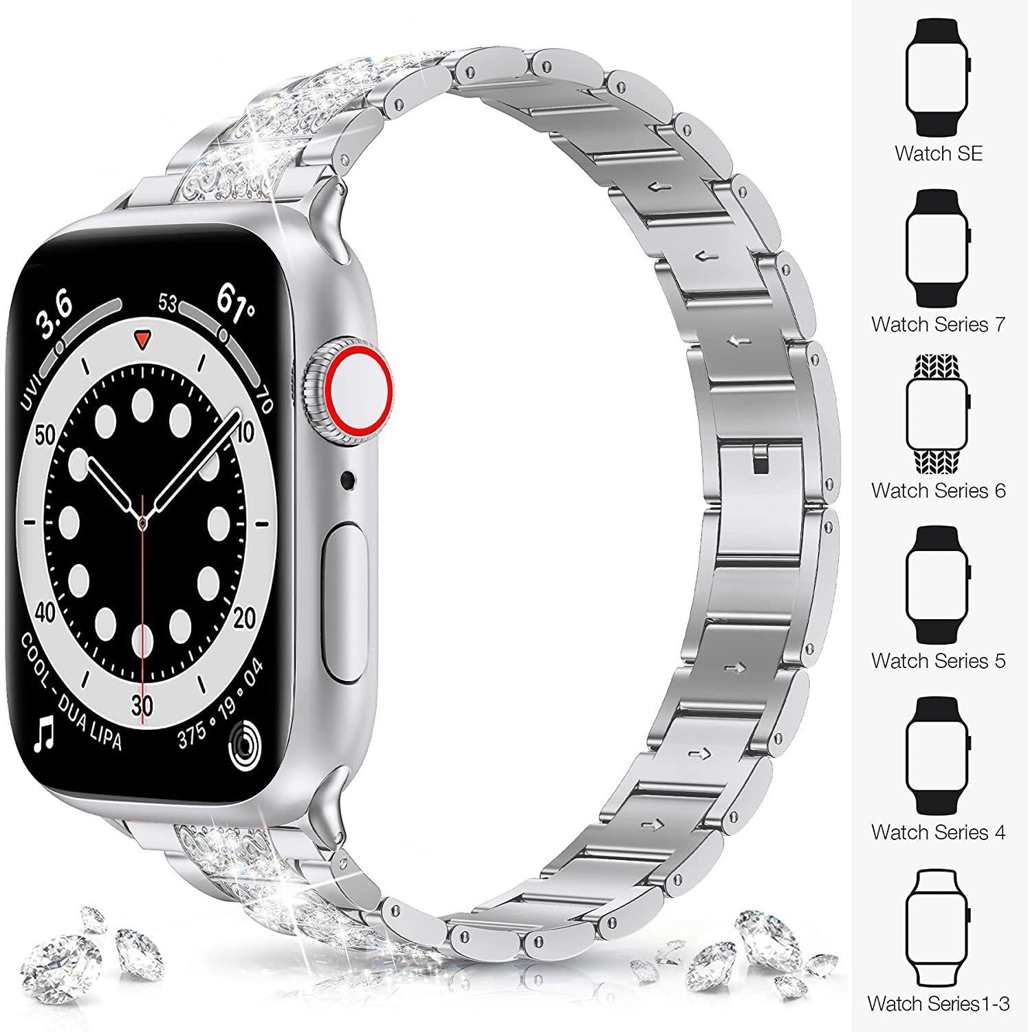 7654321 Watch Für Serie mm-45 Apple mm-38 Armband,41 mm mm,42 Smartwatch-Armband ELEKIN Silber