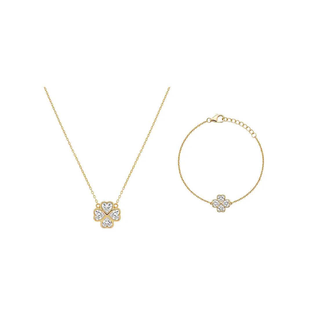 Suzan Gold Schmuckset Clovera – Vergoldetes 925 Silber Schmuckset mit Kleeblatt-Anhänger &, Zeitloses Design, vielseitig kombinierbar, ideal als Geschenk