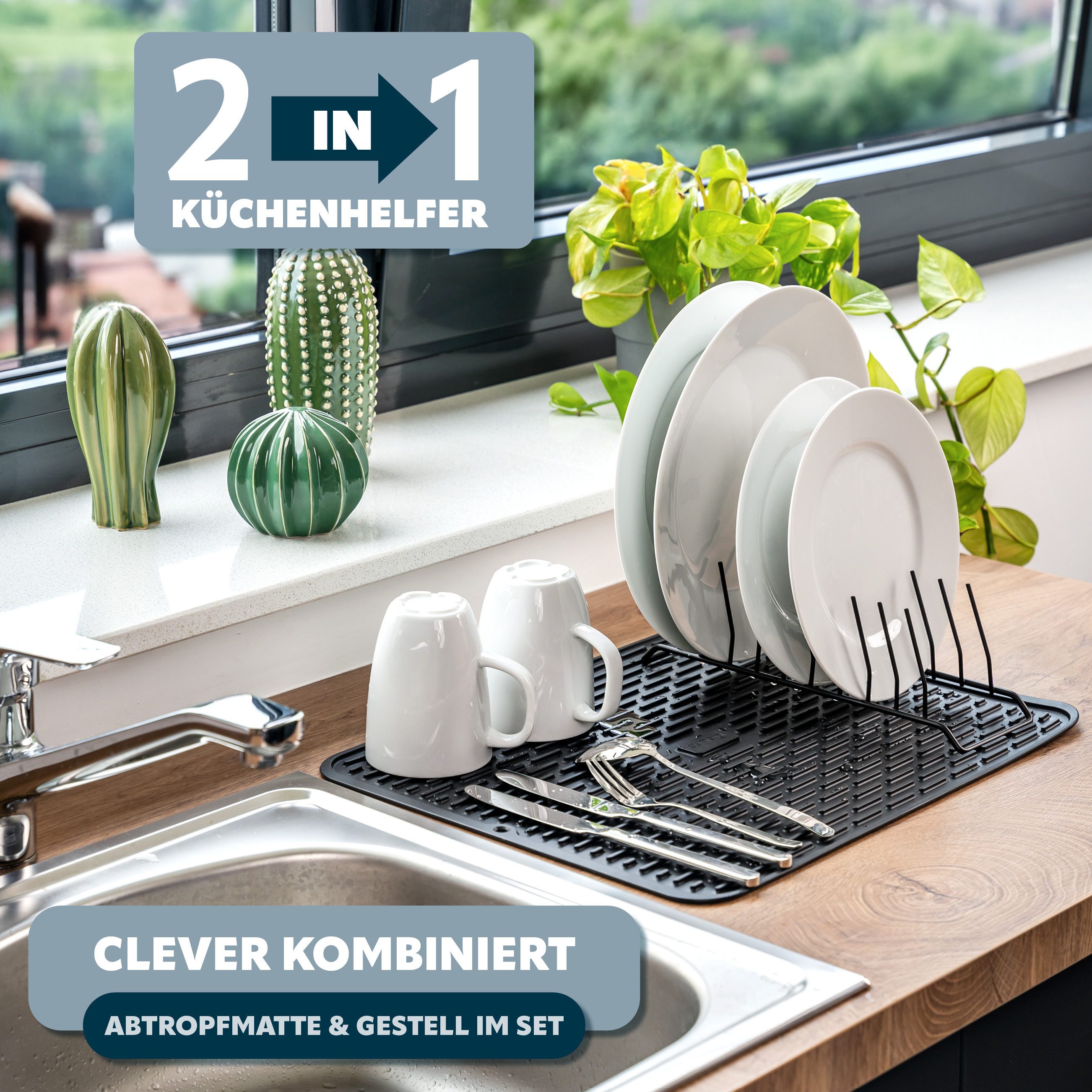 eluno Abtropfmatte Abtropfmatte mit Abtropfgestell, rutschfest Silikon 33,5 x 43 cm