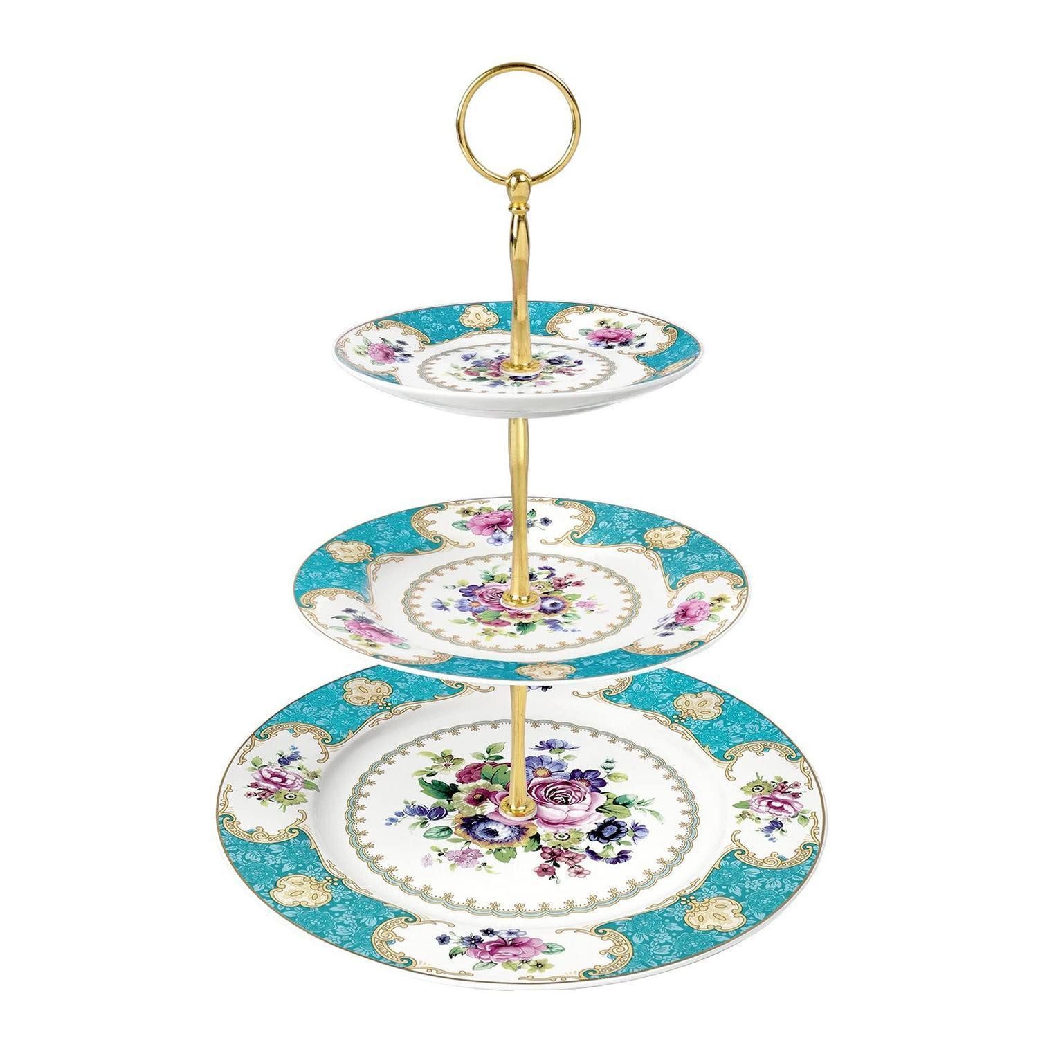 LuxusKollektion Tortenständer Tortenständer 3 Stufig Blau Blumen Vintage, Keramik