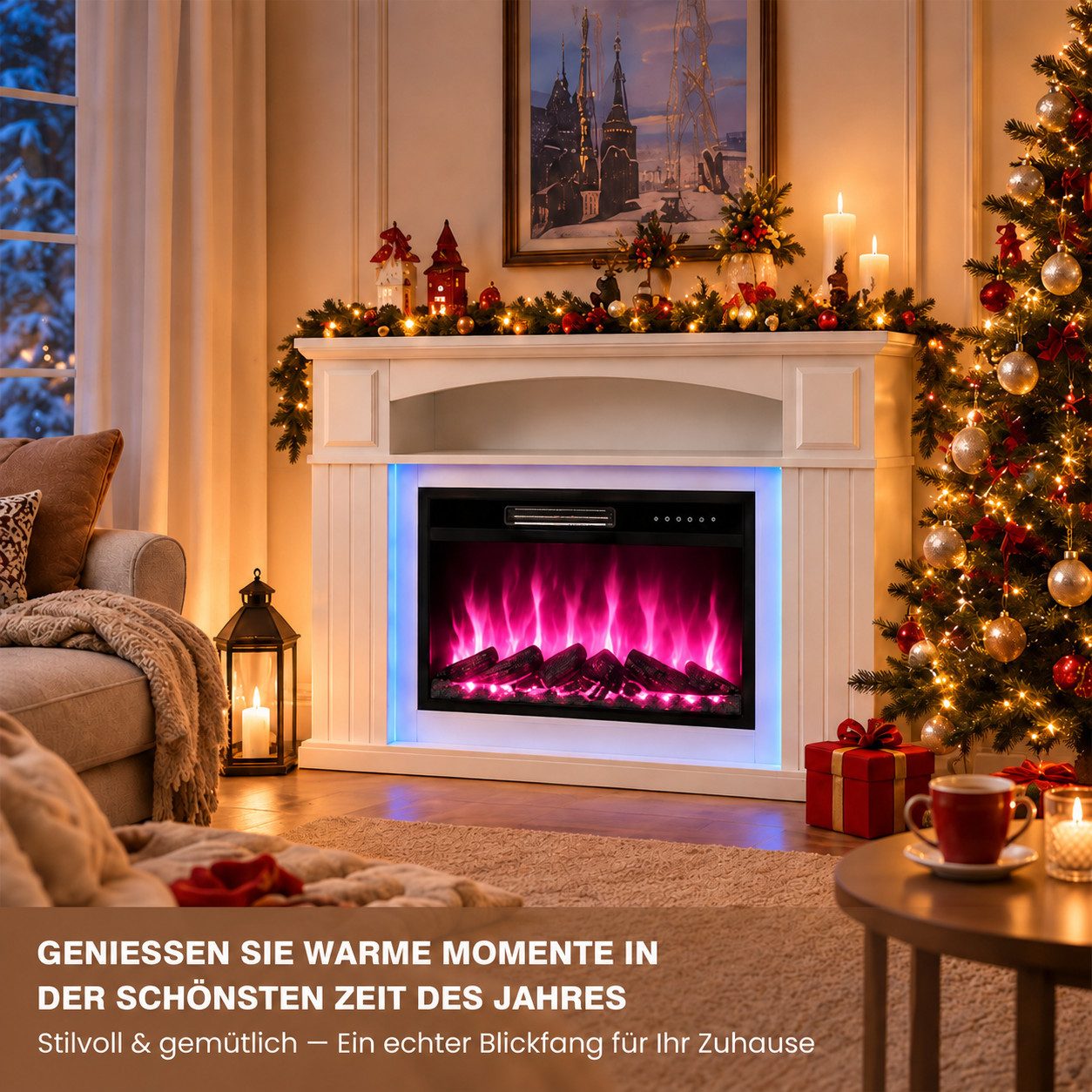 HOMAVO Elektrokamin mit Schrank, 23", 1000/2000W Heizung, 3D-Flammeneffekt, Schrankgröße: 100 × 26 × 87 cm, LED-Leiste, Fernbedienung – Bild 5 von 5