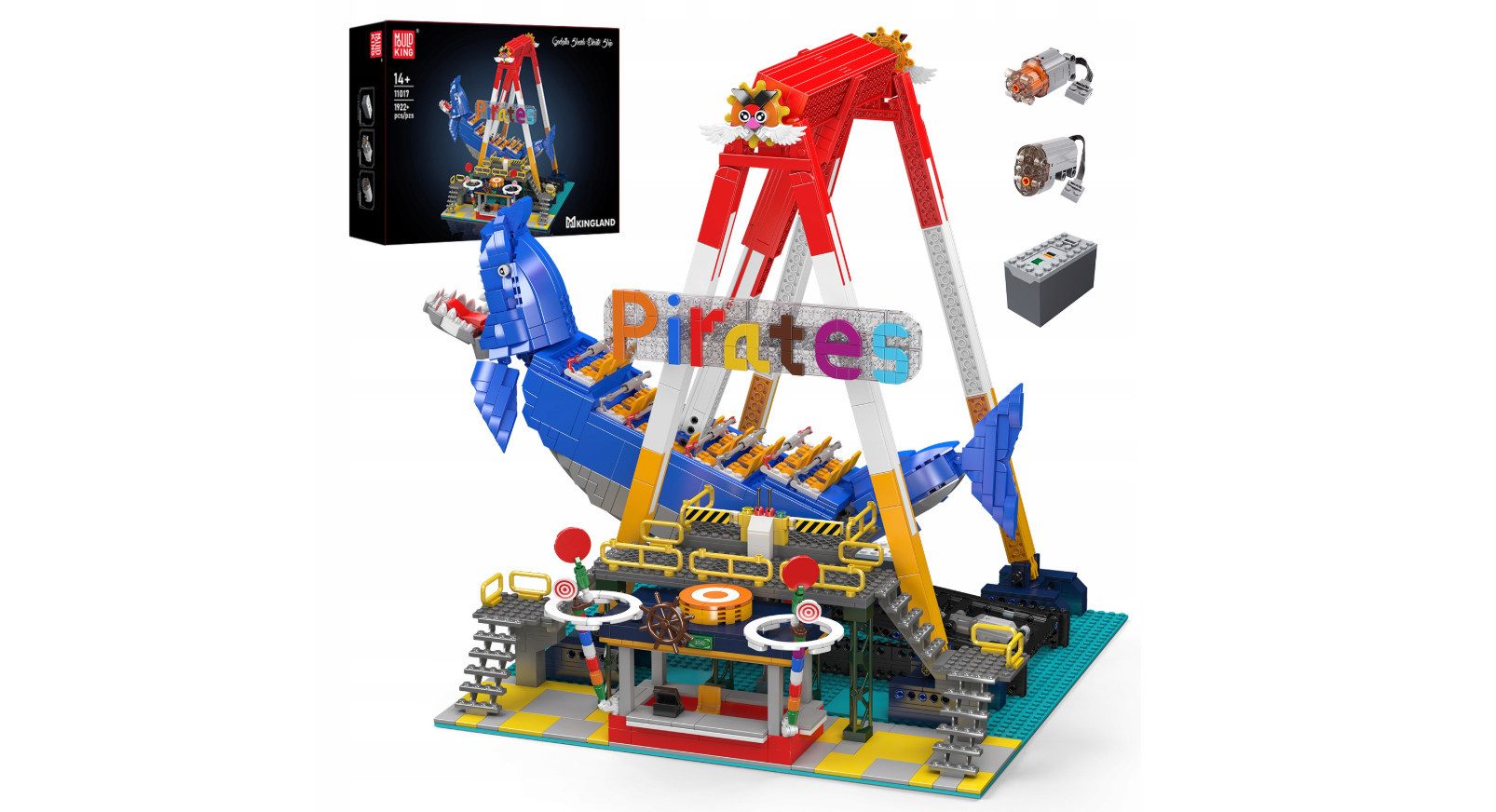 COIL Karussell, Bausteinset, Spielzeugbausteine, Konstruktionsset, Spielbauklötze, (1922 St), Klemmblöcke, Bewegliche Teile, Motor inklusive, Hai