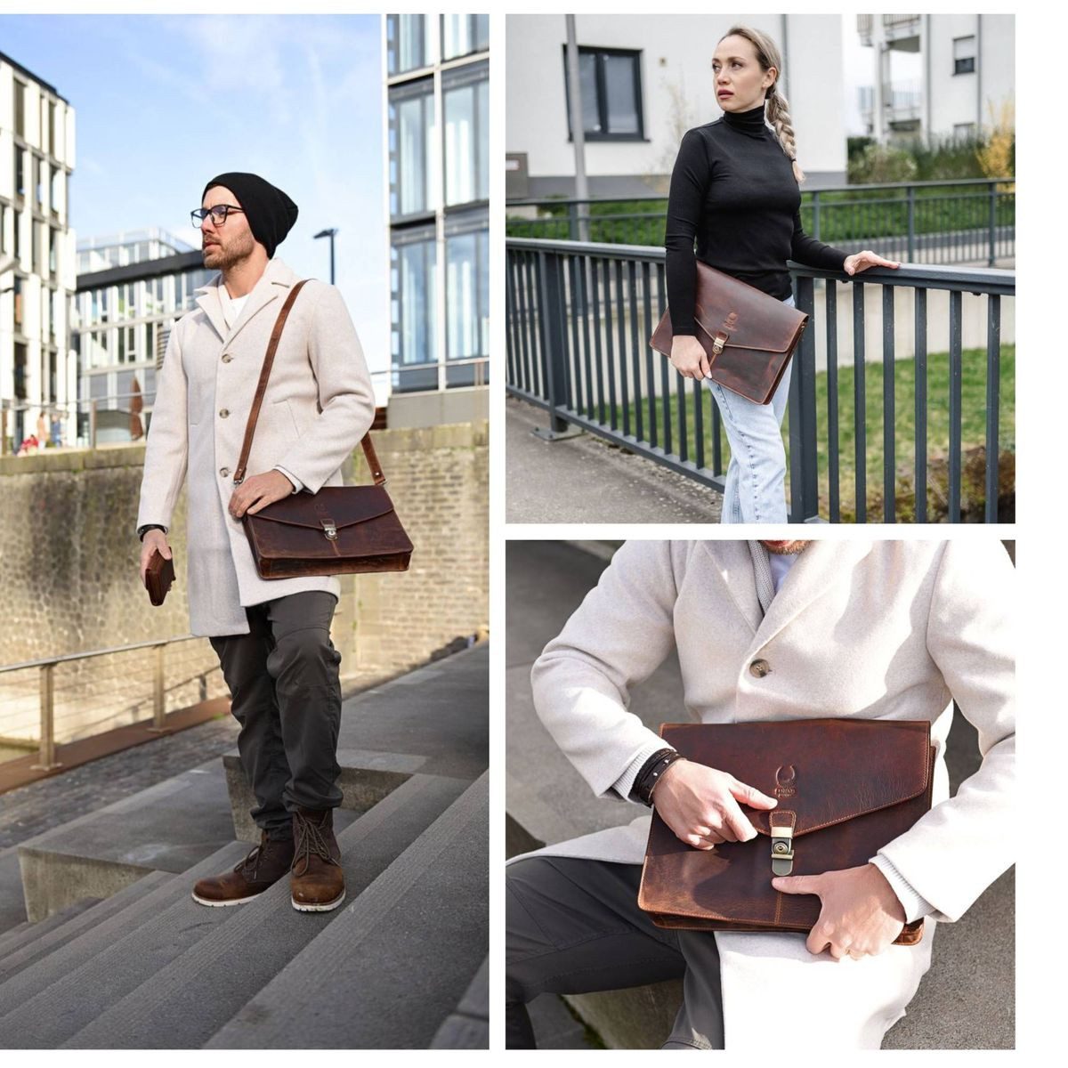 Corno d´Oro Umhängetasche Handmade Schultertasche für Damen Herren Leder Laptoptasche 13-14 Zoll, Handgefertigte MacBook Tasche Echt Leder Klein Braun für DIN A4
