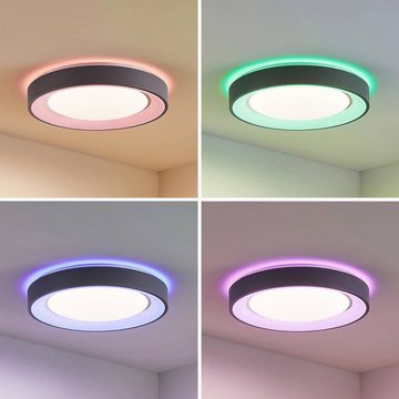 Lindby LED Deckenleuchte Lindum, dimmbar, LED-Leuchtmittel fest verbaut, Farbwechsel RGB + weiß, Modern, Metall, Kunststoff, weiß, dunkelgrau, 1 flammig, inkl.
