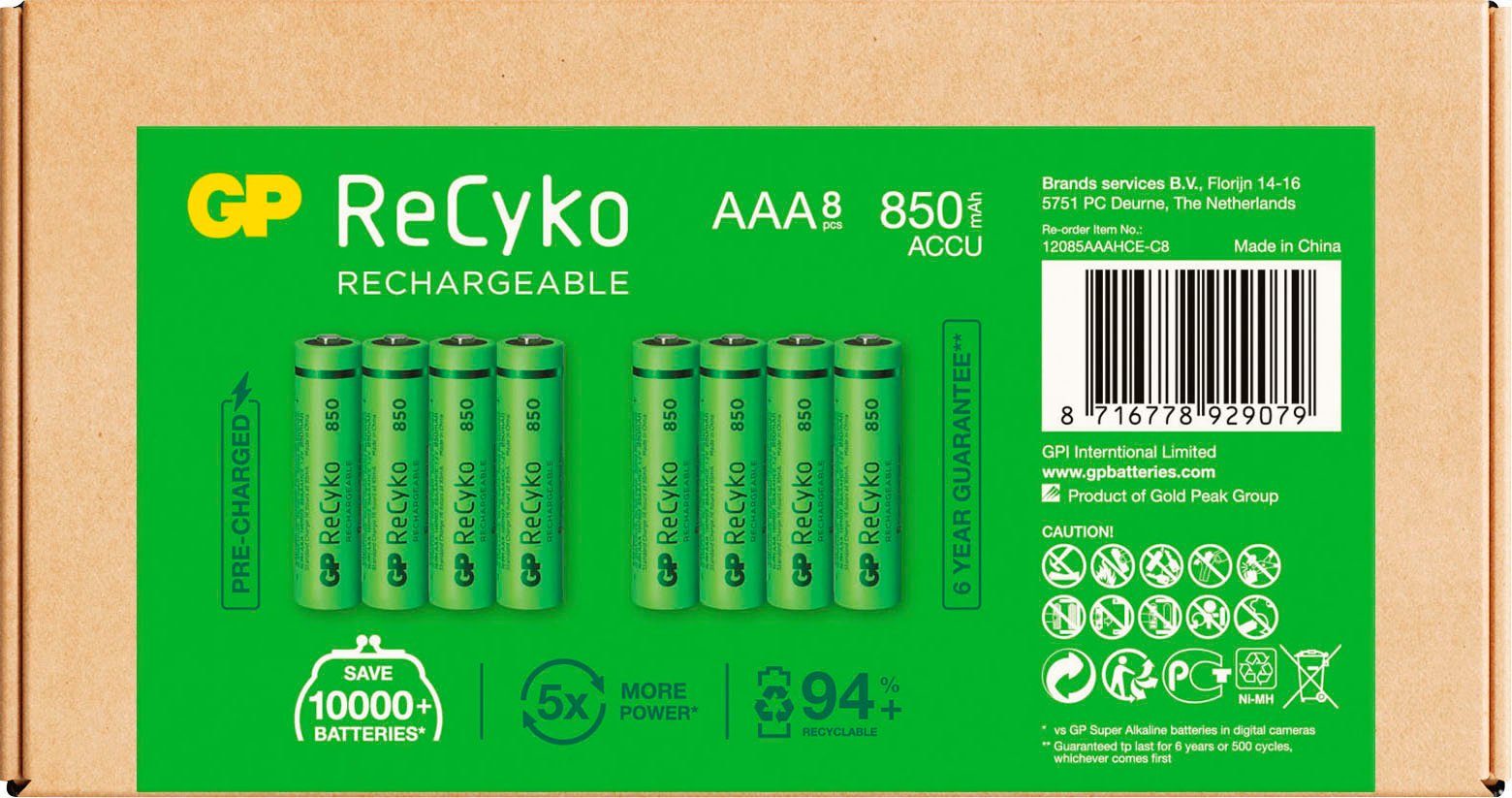 GP Batteries 8 Stck AAA wiederaufladbare Batterien, Akku NiMH 850 mAh ReCyko Akku Micro 850 mAh (8 St), nachhaltig, 6 Jahre Lebensdauer