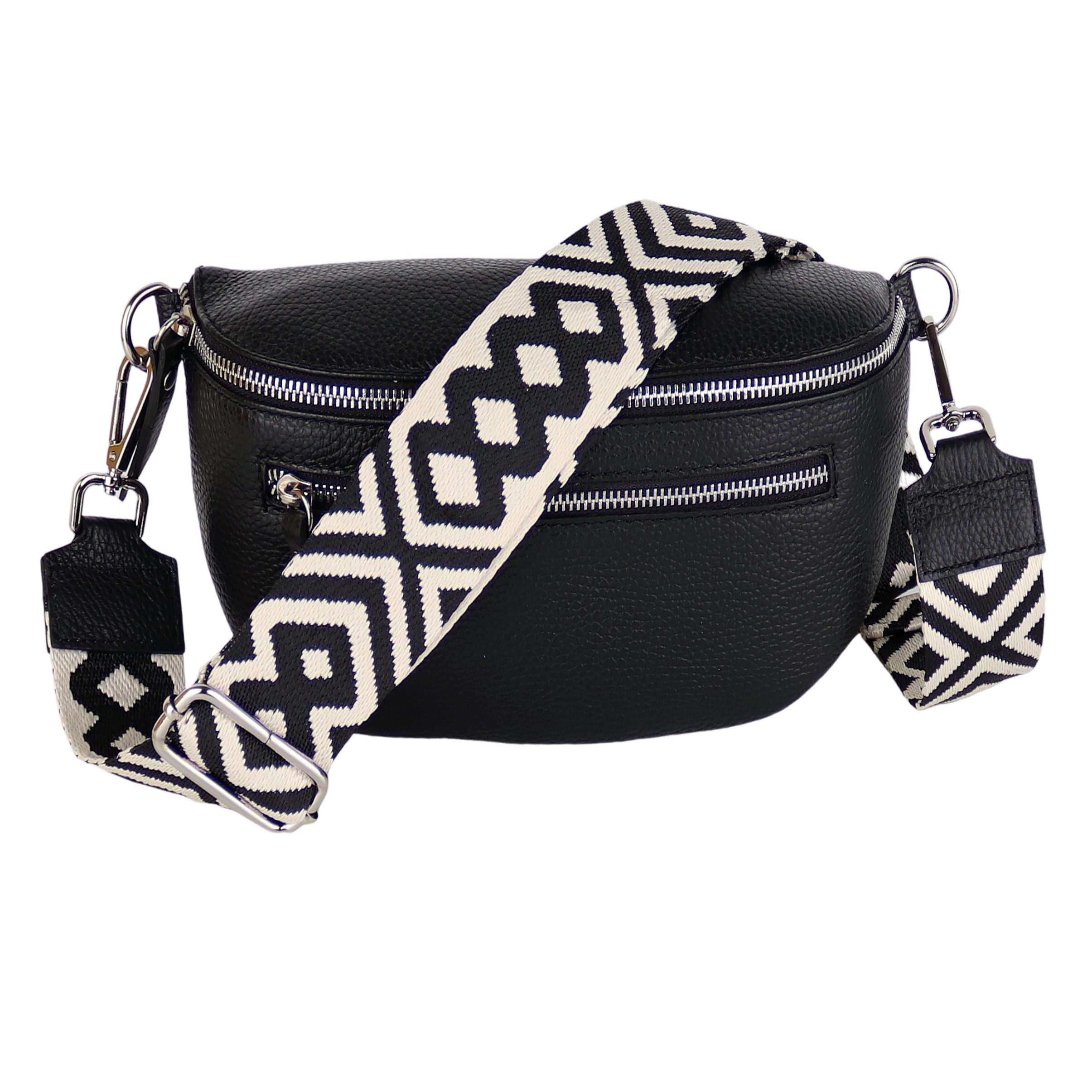 MIRROSI Bauchtasche Damen, Echtleder, Leder, Made in Italy, Umhängetasche, Brusttasche, (Schultertasche für jeden Anlass (1 Tasche & 2 Gurt), Mit zwei Reißverschlüssen, Gr. M 27x14x8 cm oder Gr. L 27x20 x9cm), Schwarz Crossbody Bag, gemusterten& verstellbaren Schulterriemen
