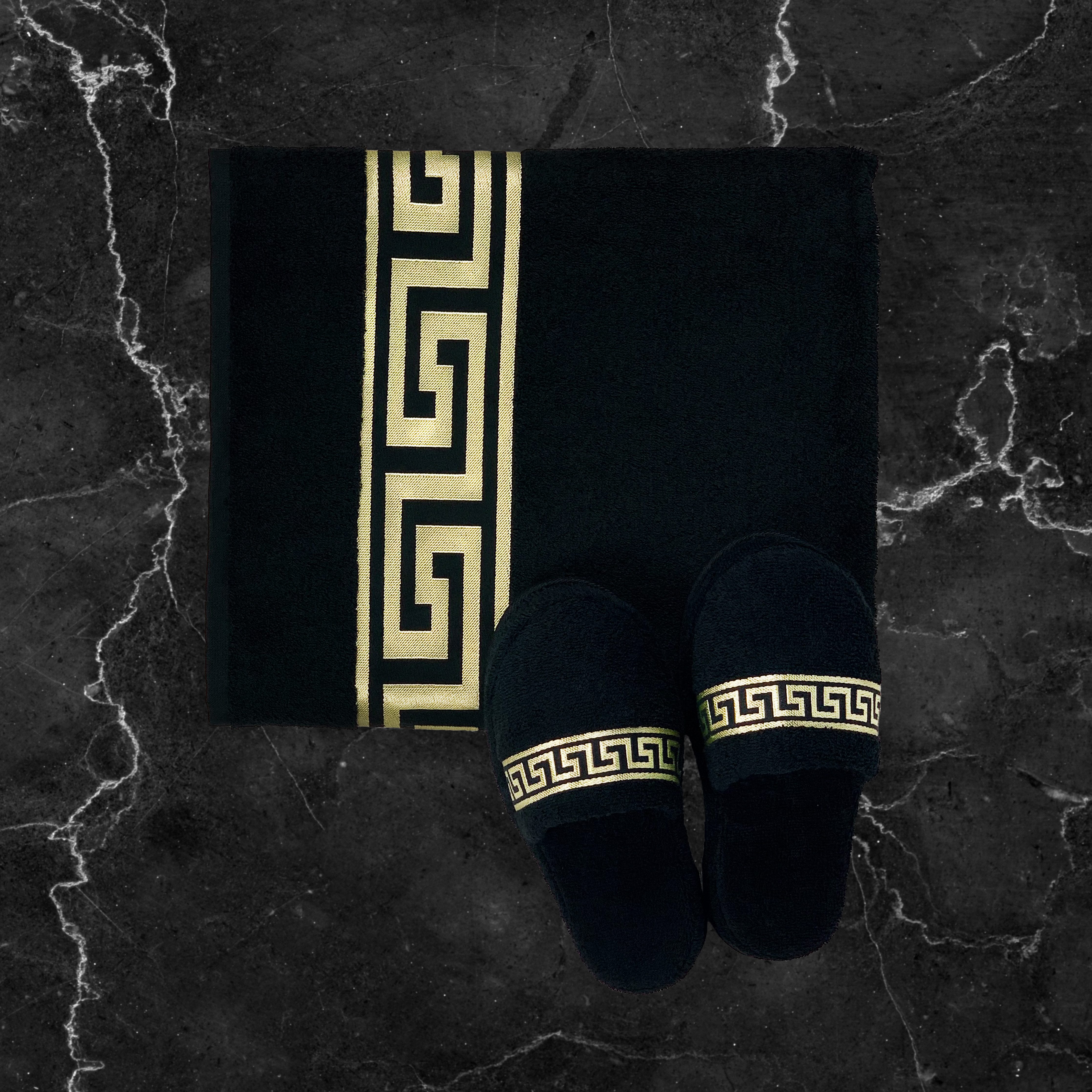 Belle Arti Luxus Homeslipper Hausschuhe Gäste Mäander schwarz gold rutschfest SET Pantoffel – Bild 5 von 5