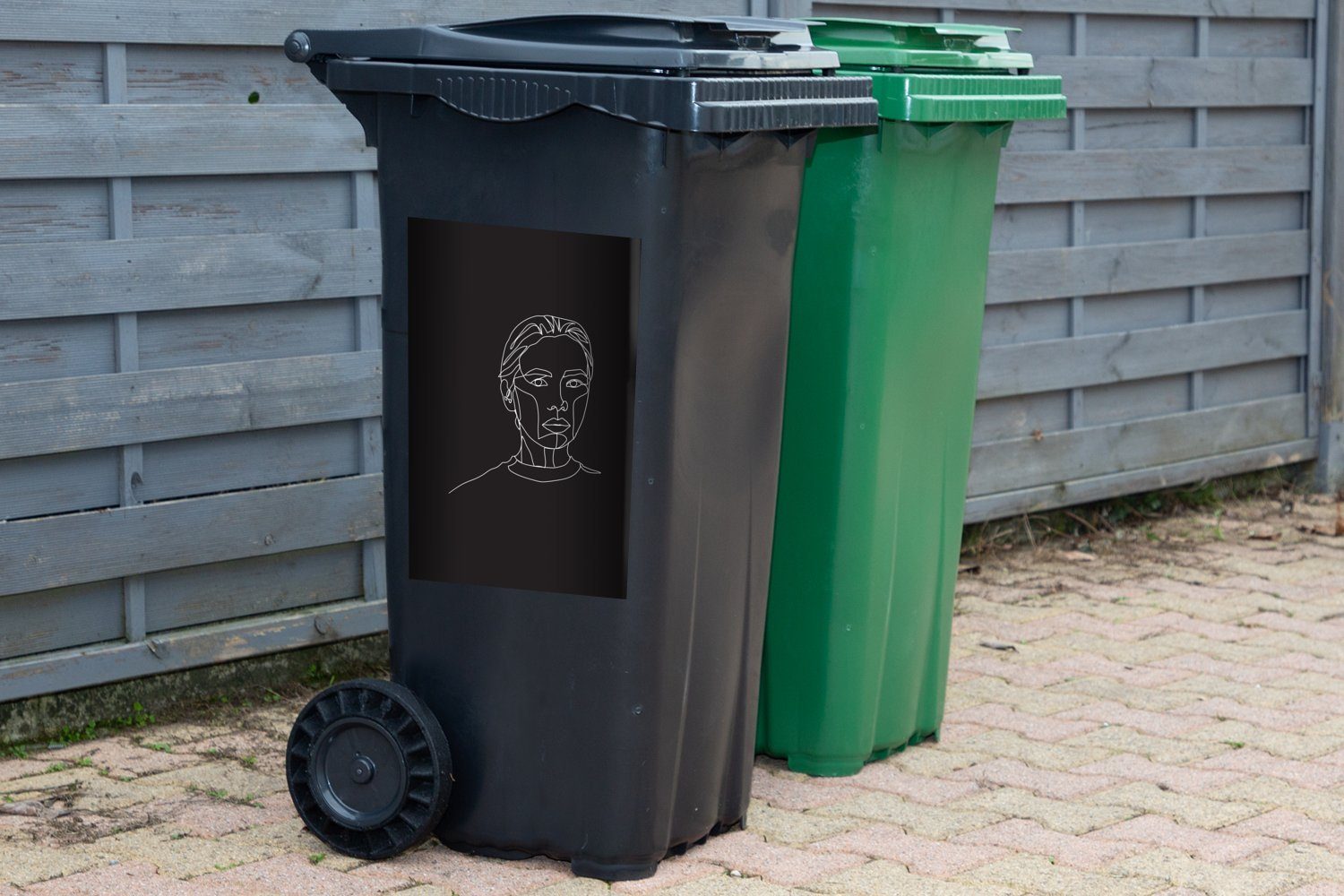 Mülltonne, Sticker, - Schwarz Abfalbehälter - Mülleimer-aufkleber, Container, Frau Wandsticker MuchoWow St), (1 Strichzeichnung