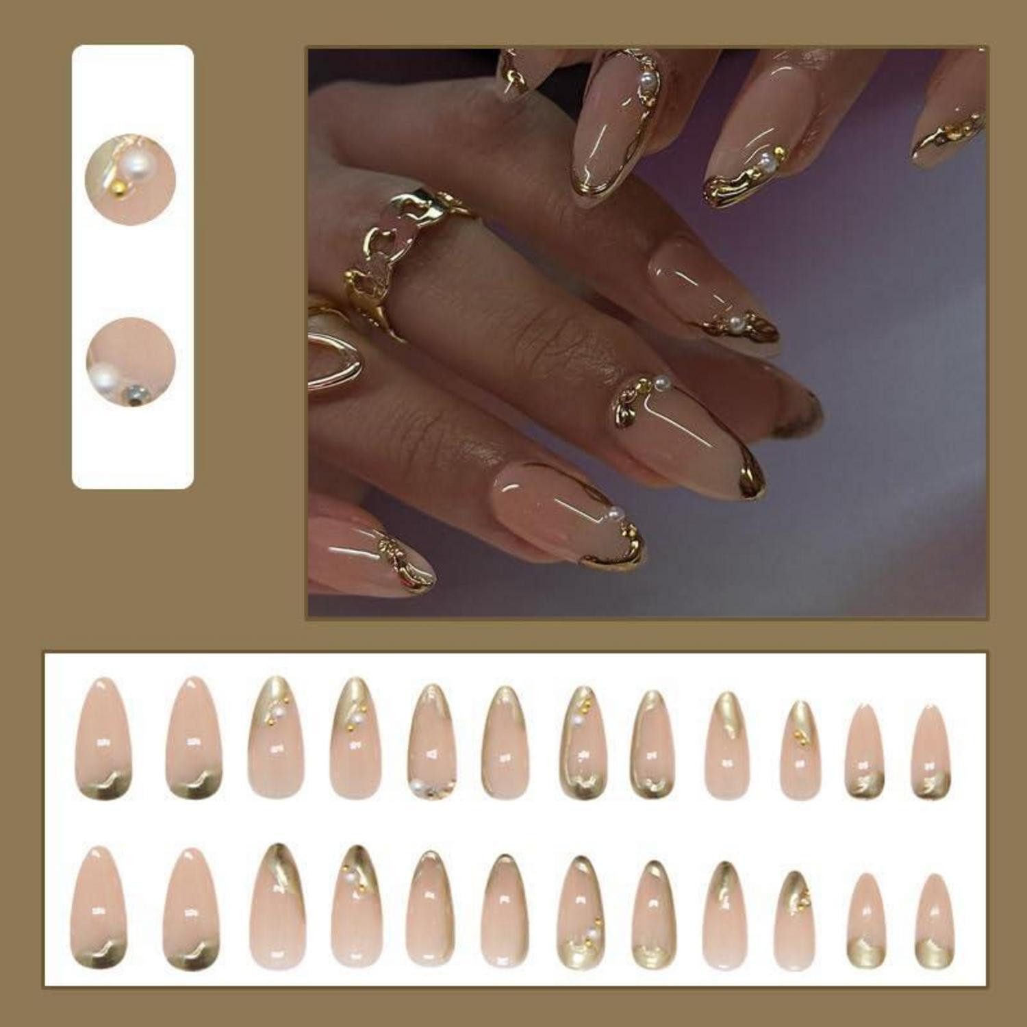 LuxusKollektion Kunstfingernägel Künstliche Fingernägel Kurz Almond 3D Gold Nagelkleber AKP9