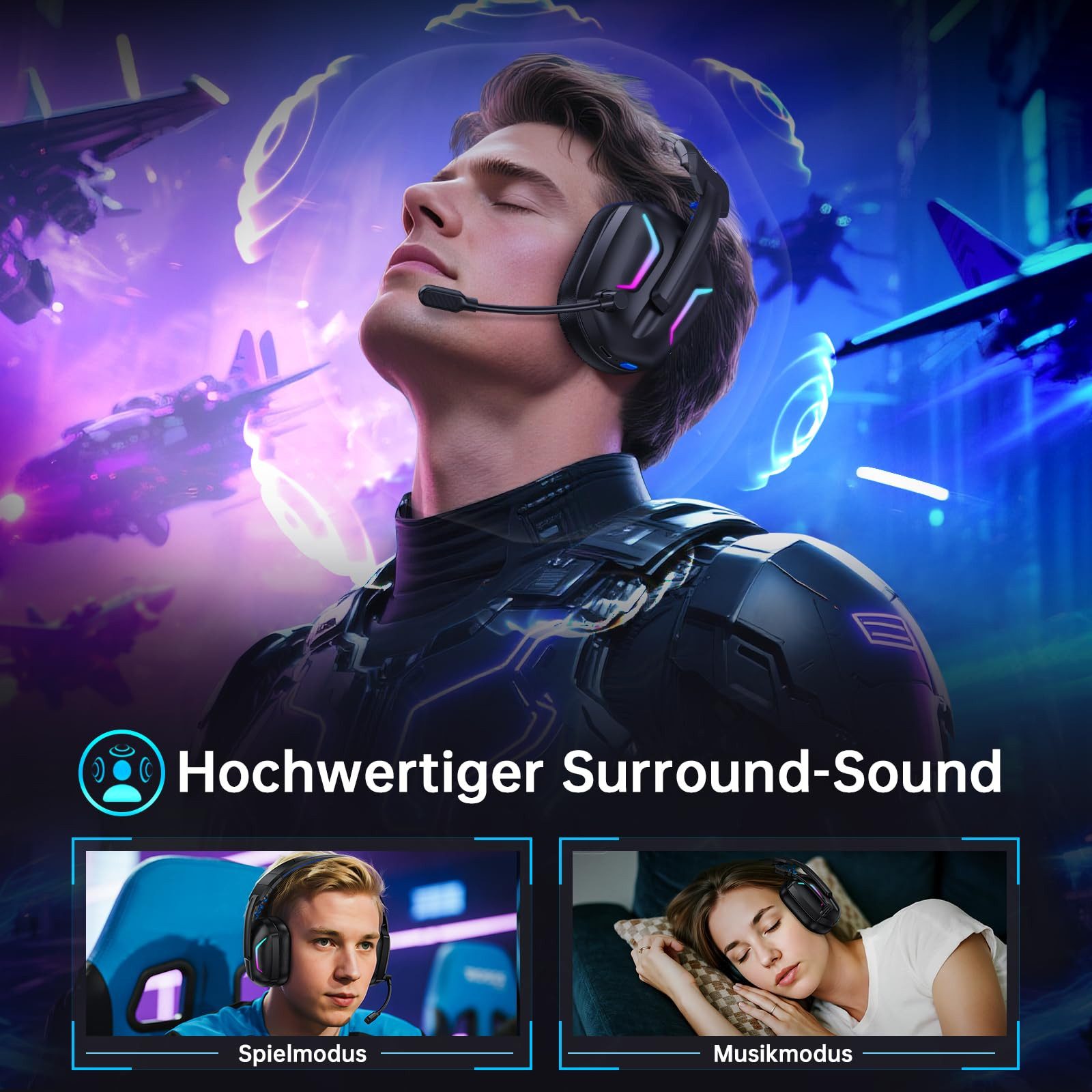 Fachixy Mikrofon, 2,4G Wireless Bluetooth Kopfhörer kabellos LED Licht Gaming-Headset (ENC-Rauschunterdrückung, Stummschaltung, LED-Beleuchtung, Game- und Musikmodus, faltbar, Bluetooth und 2,4G Wireless, 2,4 GHz, mit Surround Sound Faltbarer Bluetooth LED Licht Über 50H+Akkulaufzeit)