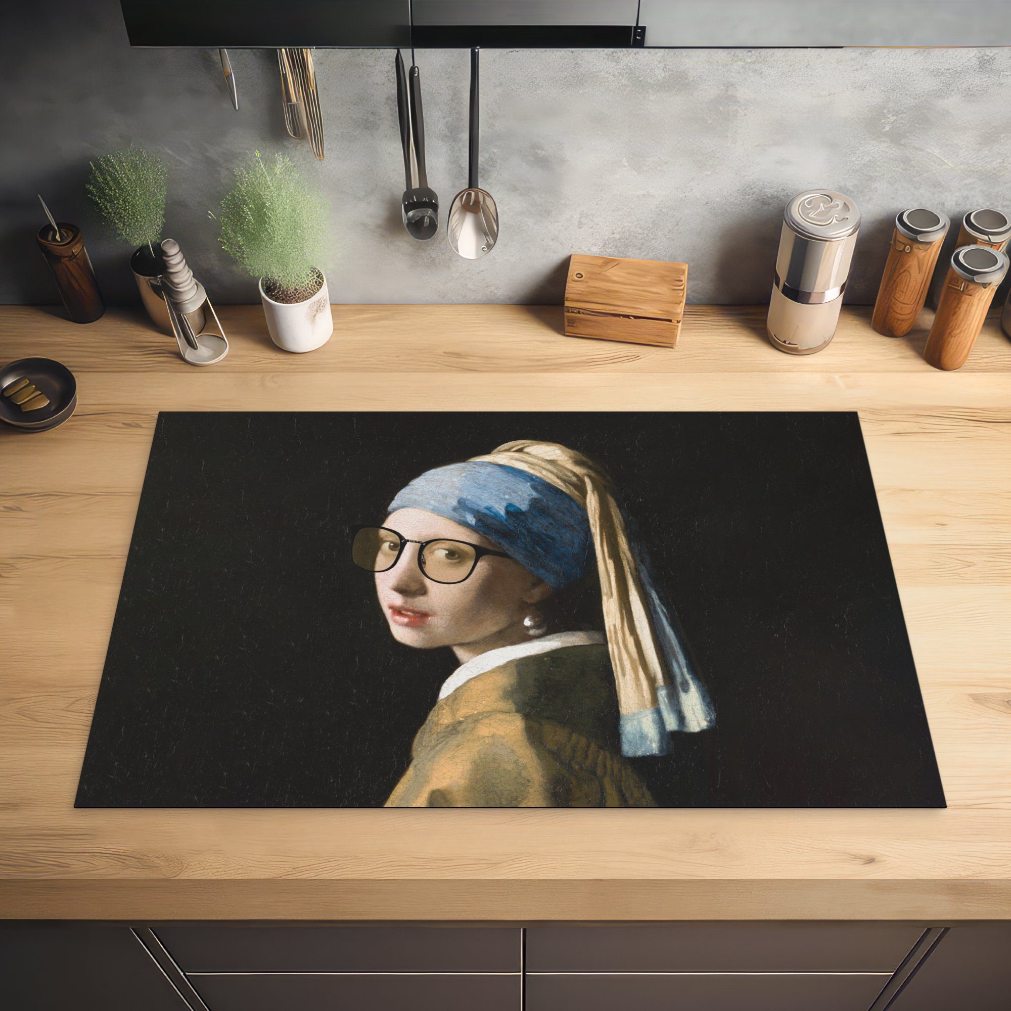 - (1 Das Ceranfeldabdeckung Schutz Vermeer mit die tlg), Brillen, cm, Vinyl, dem Herdblende-/Abdeckplatte Mädchen Induktionskochfeld Perlenohrring MuchoWow küche, 81x52 - für
