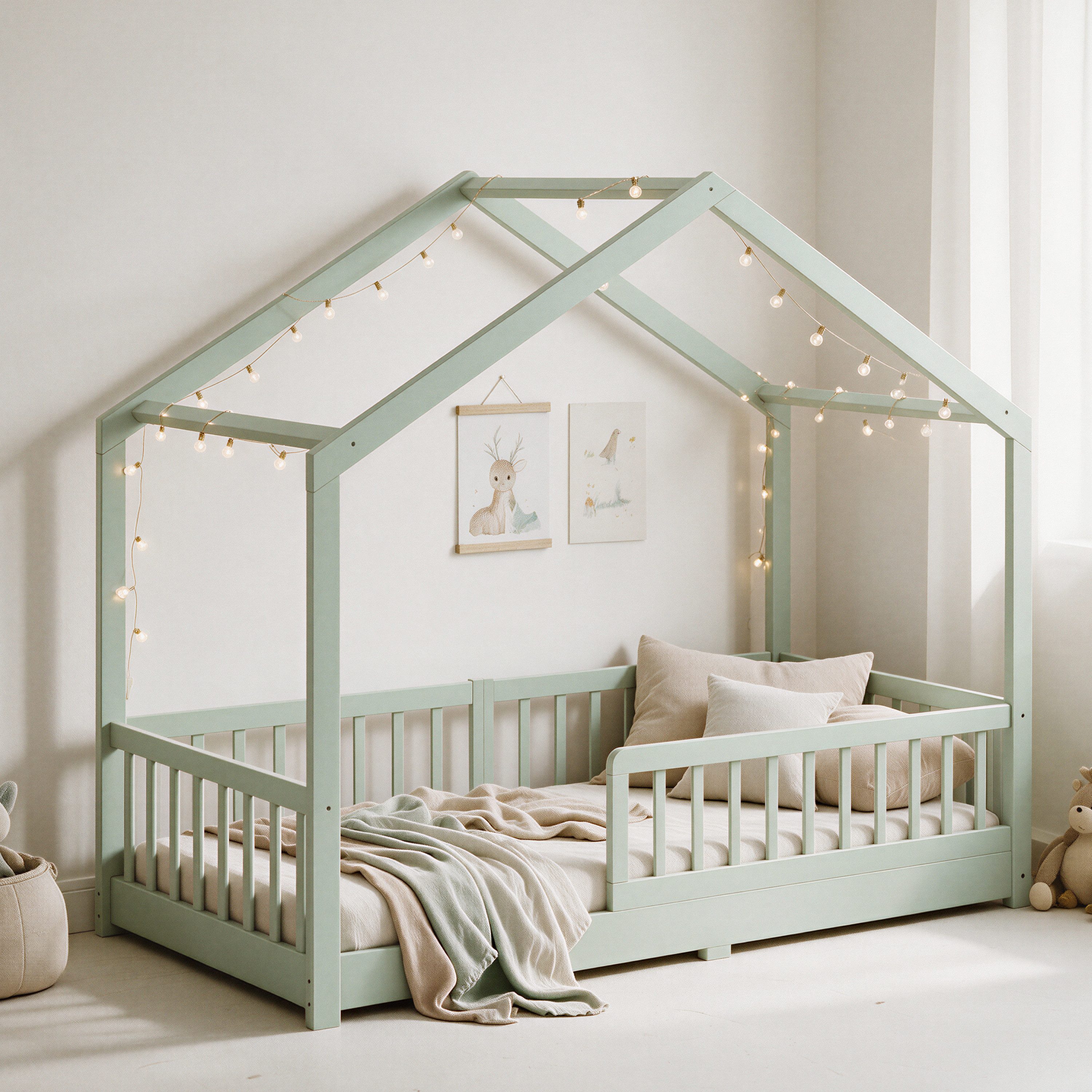 CADANI Kinderbett Malte Hausbett Bodenbett - Rausfallschutz abnehmbar - bis 200 kg (90x200 cm, Pistachio Grün, Montessori Kinder- & Jugendbett aus Kiefer Massivholz), inkl. stabilem Roll-Lattenrost