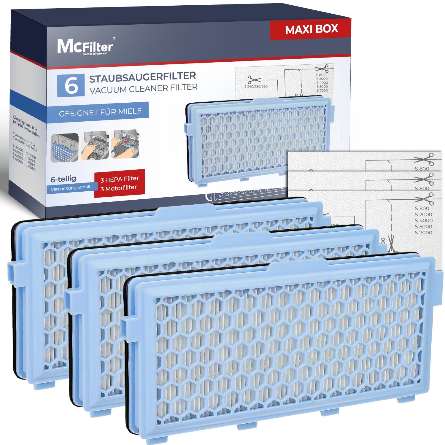 McFilter HEPA-Filter 3x + 3 Motorfilter (zuschneidbar) passend für Miele  Staubsauger GN, Serie S4 S5 S6 S8, Complete C2/C3, Compact C1/C2, S8340,  MAXI BOX