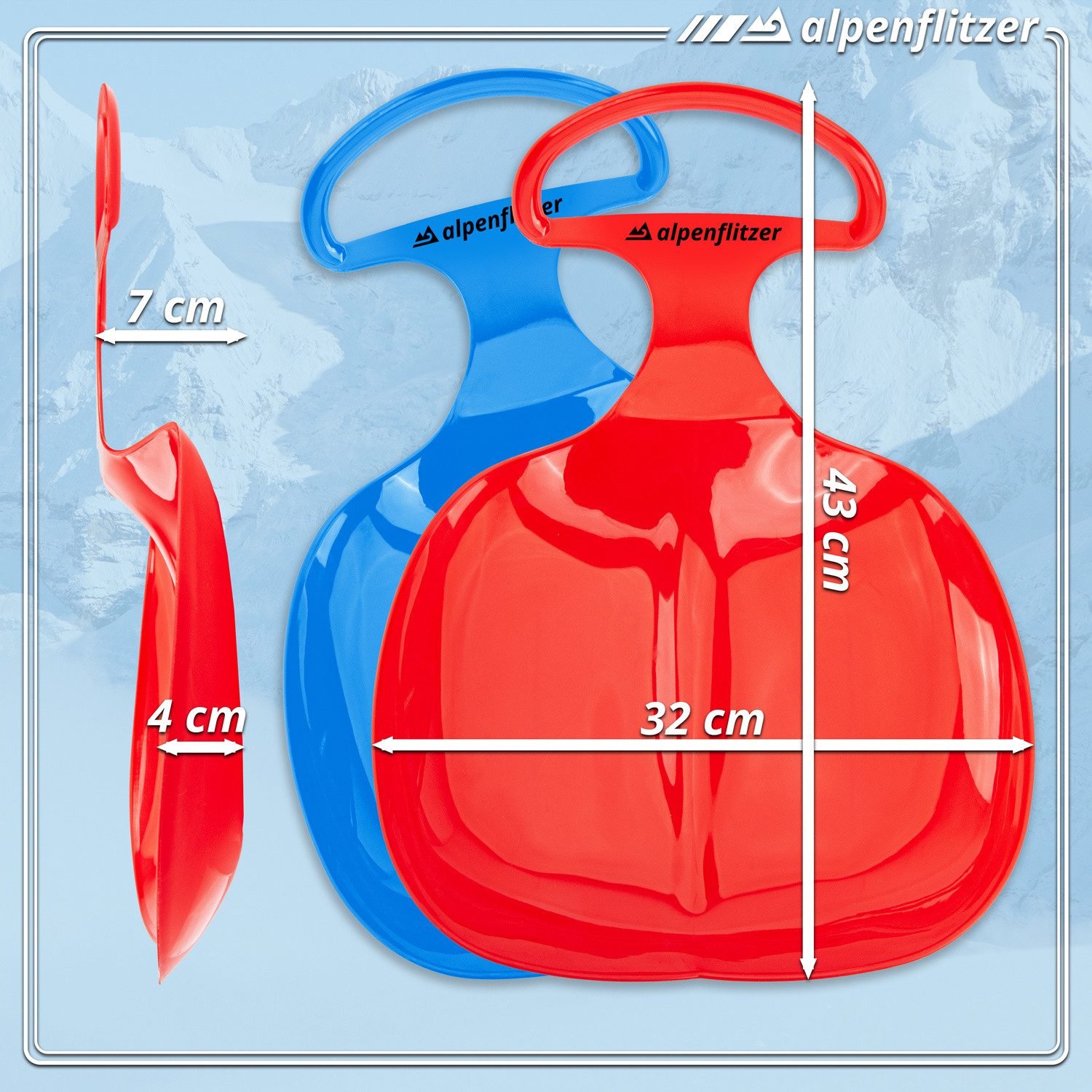 Alpenflitzer Schneerutscher ALPENFLITZER 2er Set Kinder Snow Sled-Poporutscher Schlitten mit Griff (Schlitten mit Griff, Schneerutscher Bob), 2er Set blau & rot