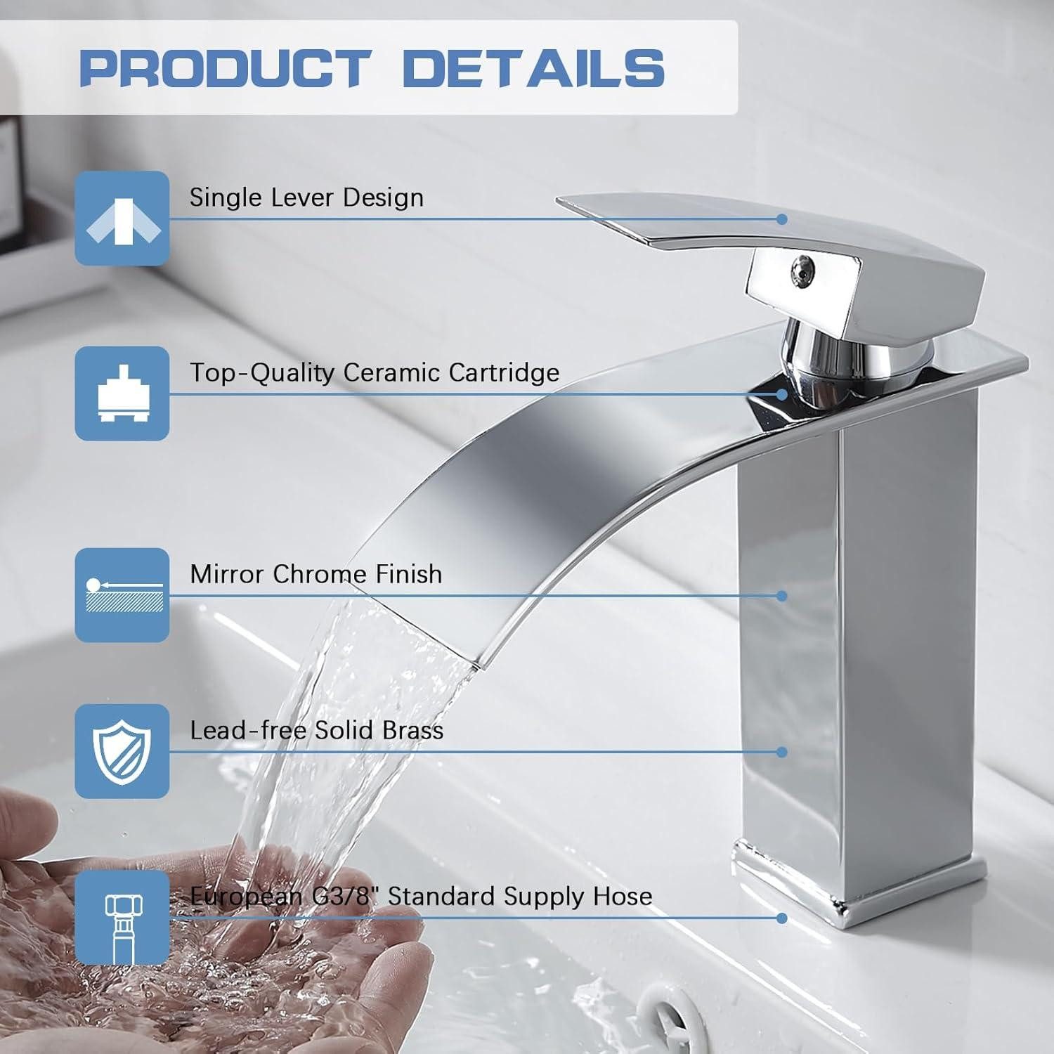 Thumbnail - LuxusKollektion Waschtischarmatur Wasserhahn Bad Wasserfall Waschtischarmatur Modern Messing Verchromt