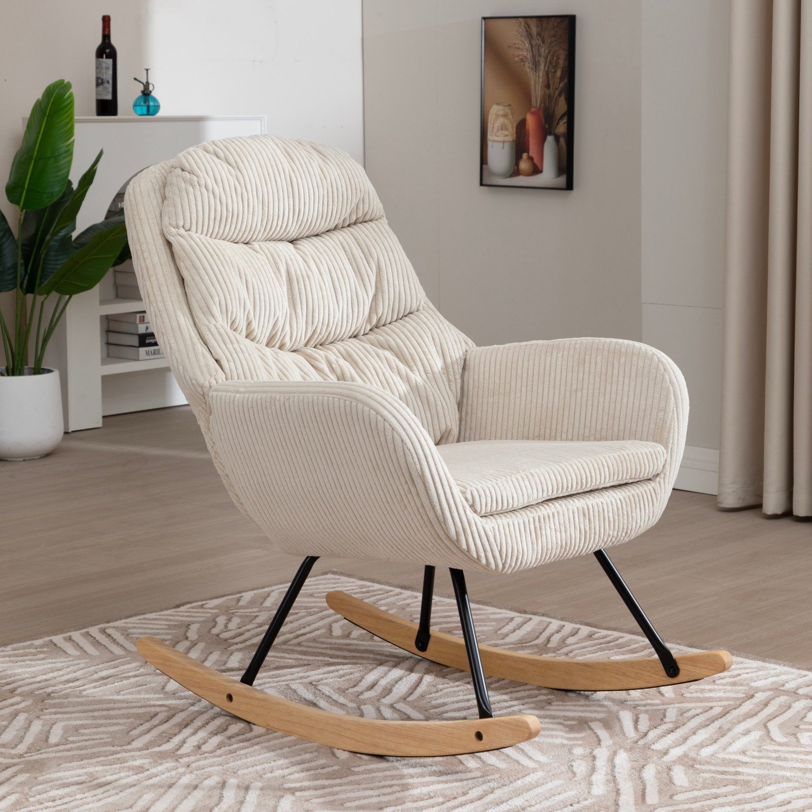 REDOM Schaukelstuhl Design-Ruhesessel – weiche Polster & sanfte Schaukelbewegung (Beige, 74×94×96 cm, für moderne Räume, 1 St), stabiler Stand, pflegeleicht, moderne Optik