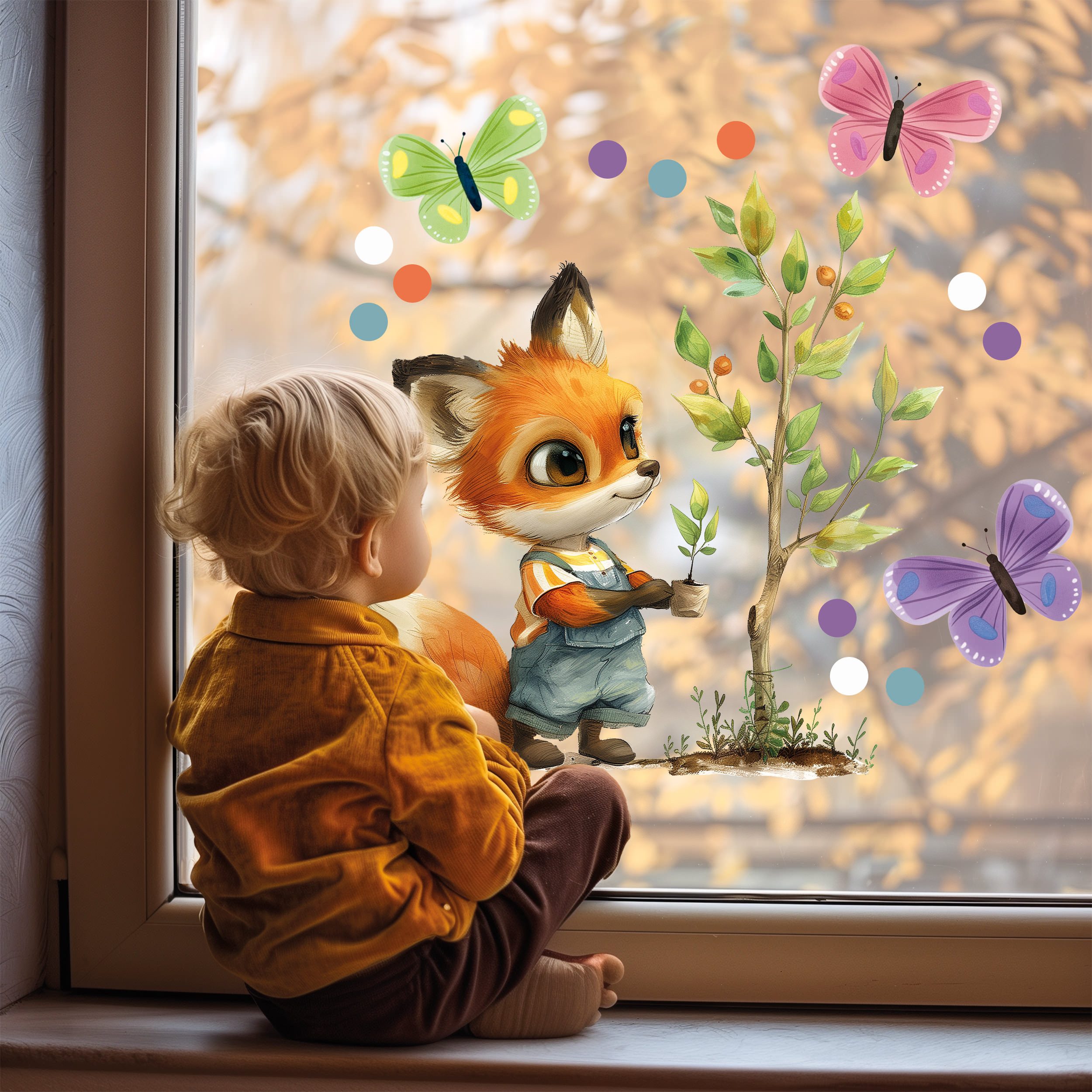 Sunnywall Fensterdekoration wiederverwendbares Fensterbild Fuchs Gärtner günstig online kaufen