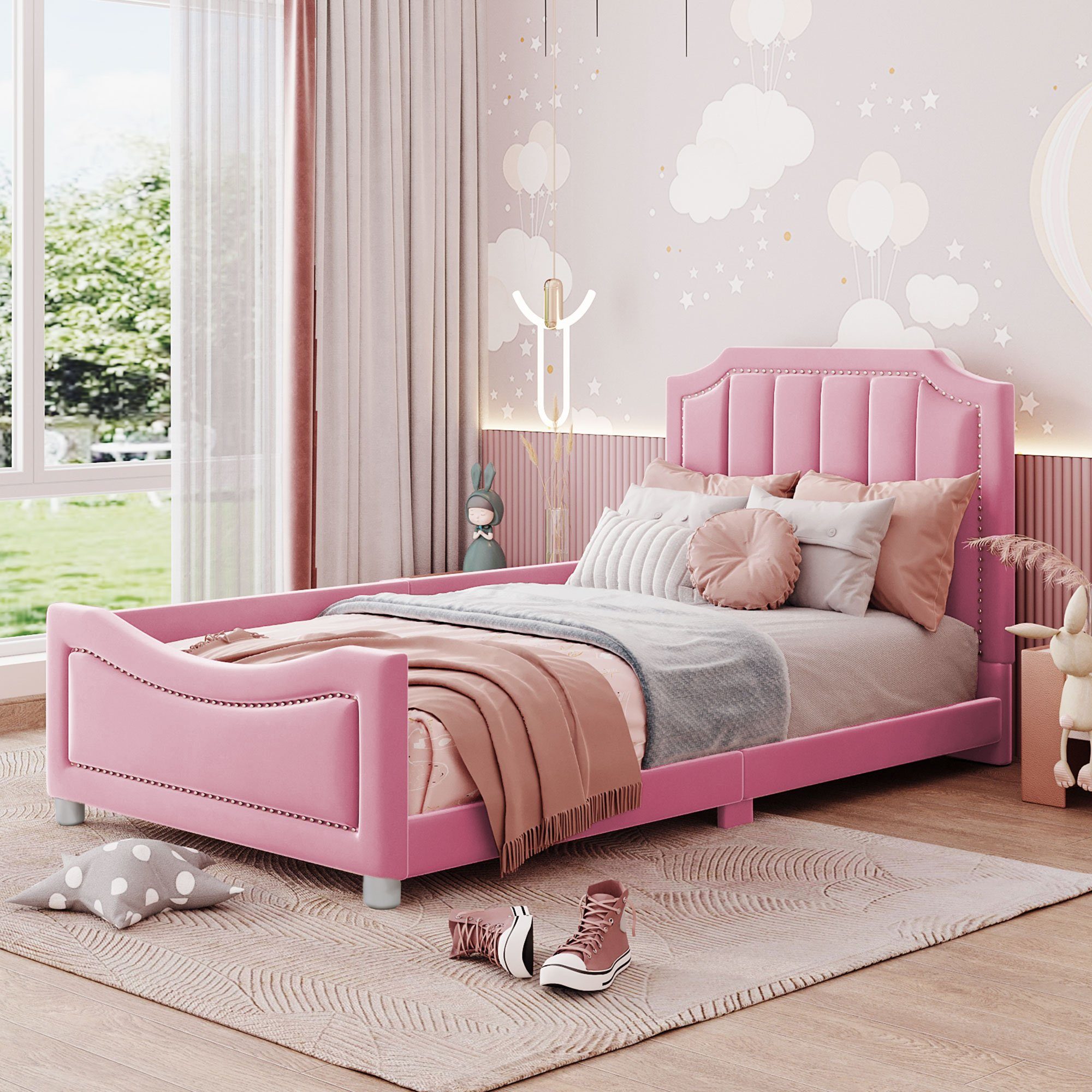 Polsterbett, Tagesbett Einzelbett mit rosa Flieks Samt Kinderbett 90x200cm Rückenlehne