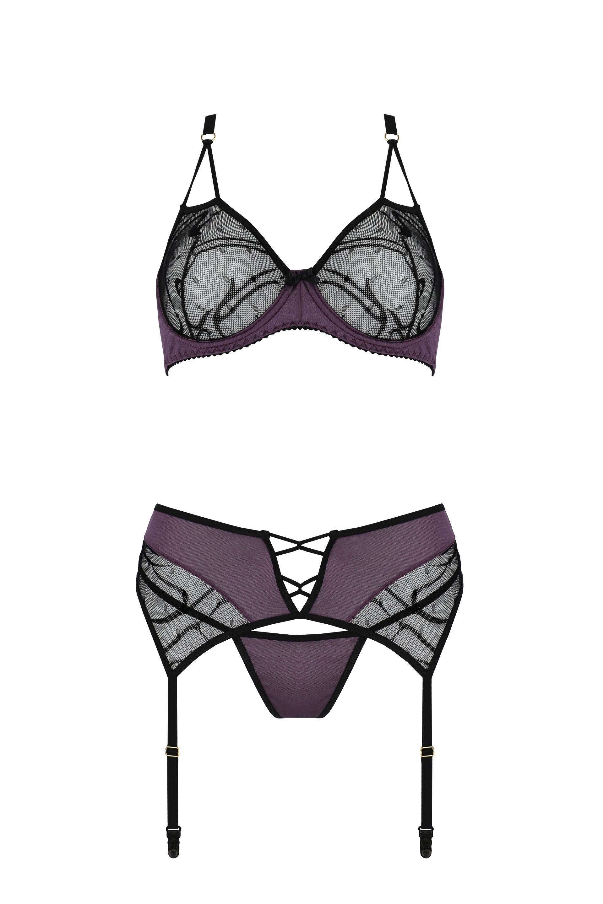 Casmir Set: Bügel-BH Strapse-Set Marietta schwarz-violett BH Strumpfgürtel (Set)