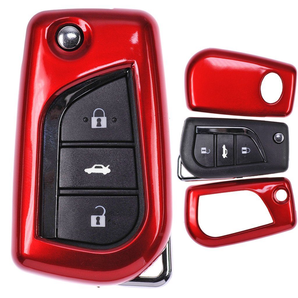 mt-key Schlüsseltasche Autoschlüssel 2012-2015 Klappschlüssel Rot, Hardcover Corolla Avensis Auris für Schutzhülle Verso Toyota Metallic