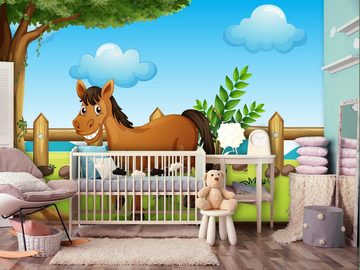 wandmotiv24 Fototapete Kinderzimmer Pferde auf der Wiese, glatt, Wandtapete, Motivtapete, matt, Vliestapete