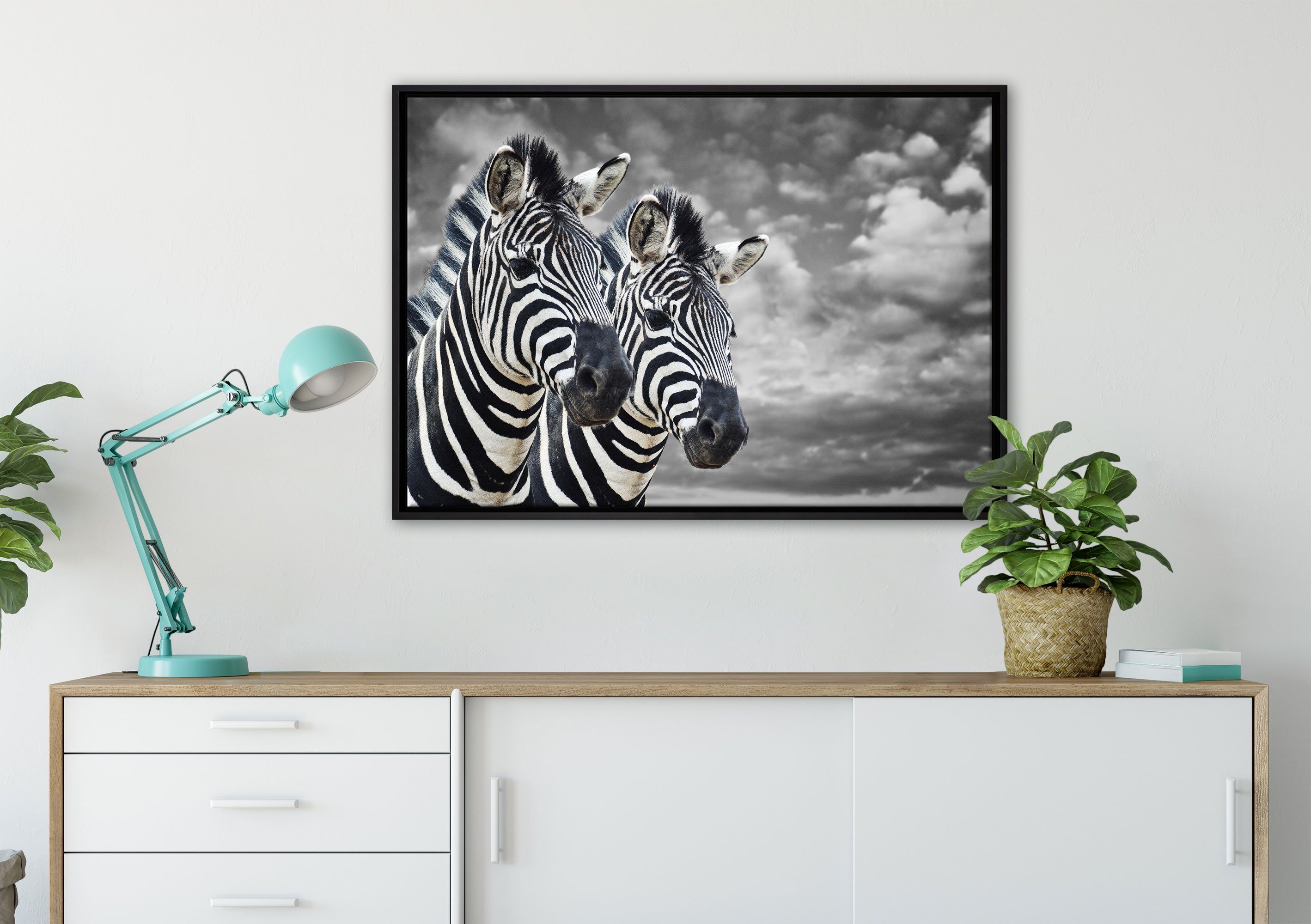 Wanddekoration Leinwandbild gefasst, inkl. Zackenaufhänger zwei Pixxprint Schattenfugen-Bilderrahmen Leinwandbild in Zebras, St), bespannt, einem fertig (1