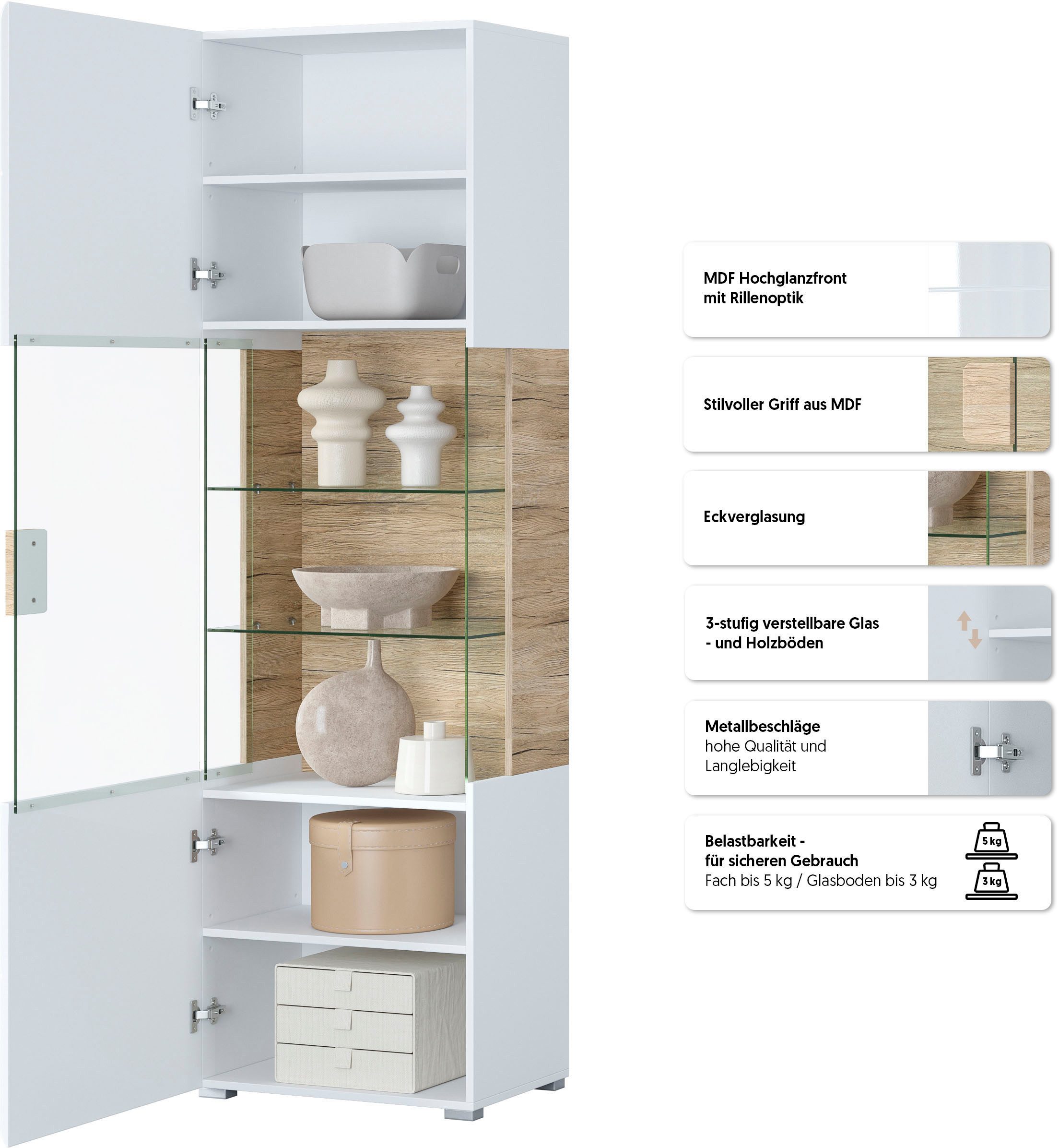 OTTO home Vitrine Toledo,Höhe 204 cm trendige Glasvitrine mit dekorative Fräsungen Standvitrine ohne Beleuchtung, viel Stauraum, hochglanz Front MDF