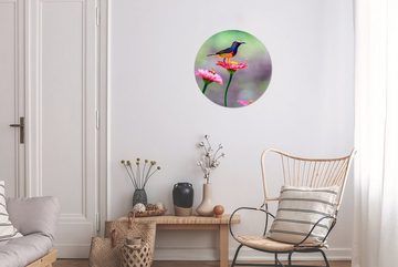 MuchoWow Gemälde Nahaufnahme eines Kolibris auf rosa Blüten, (1 St), Kreis Wanddekoration Forex, Rundes Wandbild, Wohnzimmer, 30x30 cm