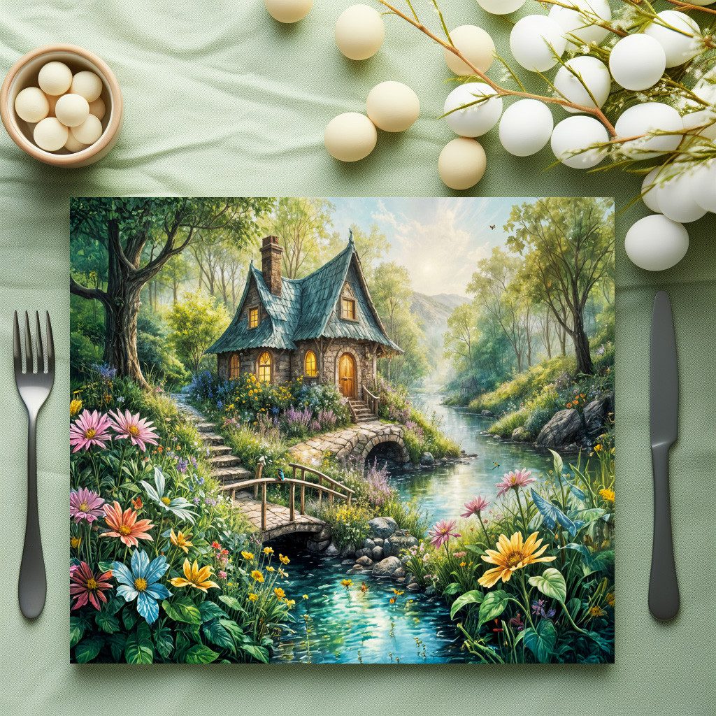 raxxa Platzset raxxa Premium-Platzset"Charming Cottage by Serene Stream", (Set, 2-St., Platzdecken)