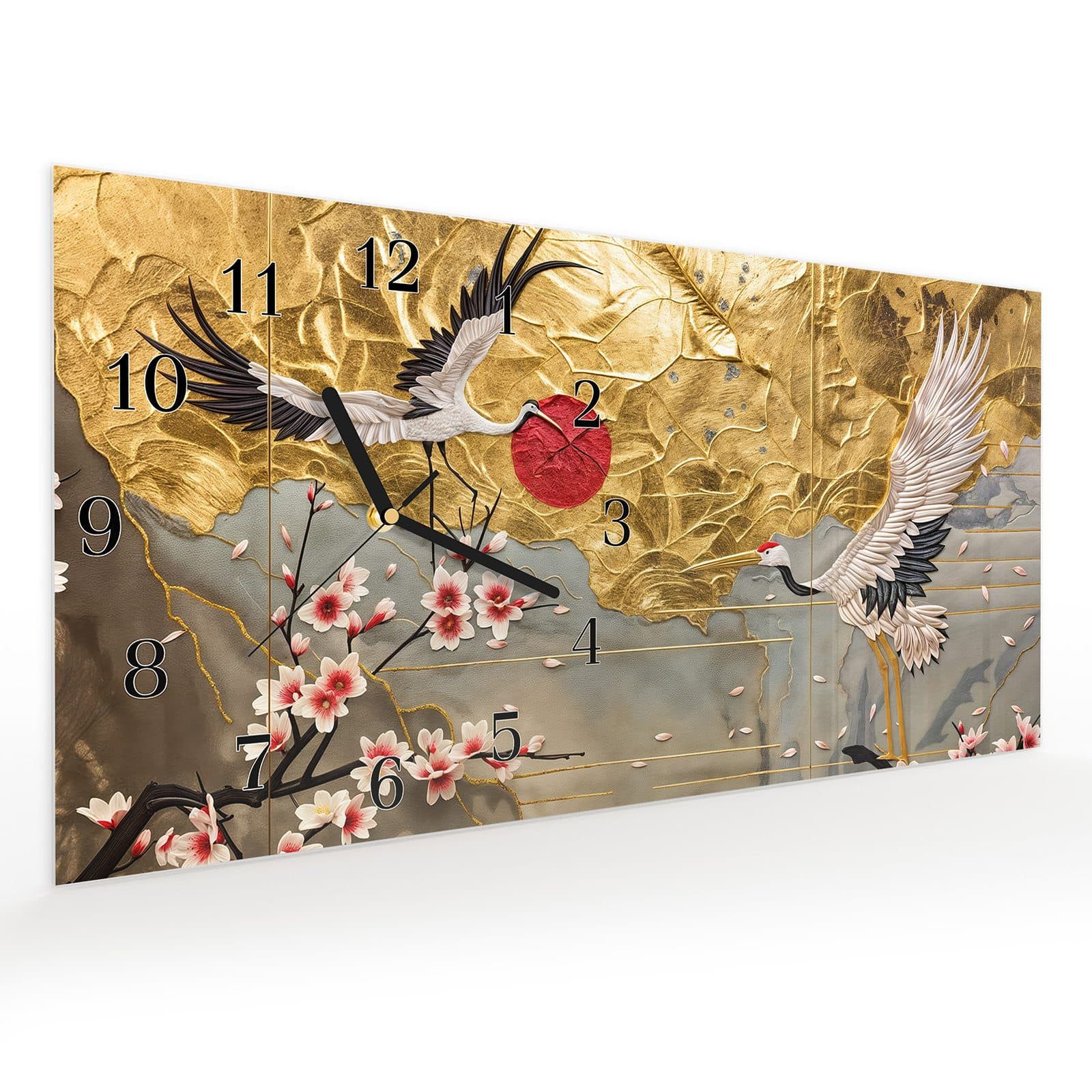 Primedeco Wanduhr Glasuhr Wandkunst Größe 60 x 30 cm mit Motiv Blüten und Kraniche