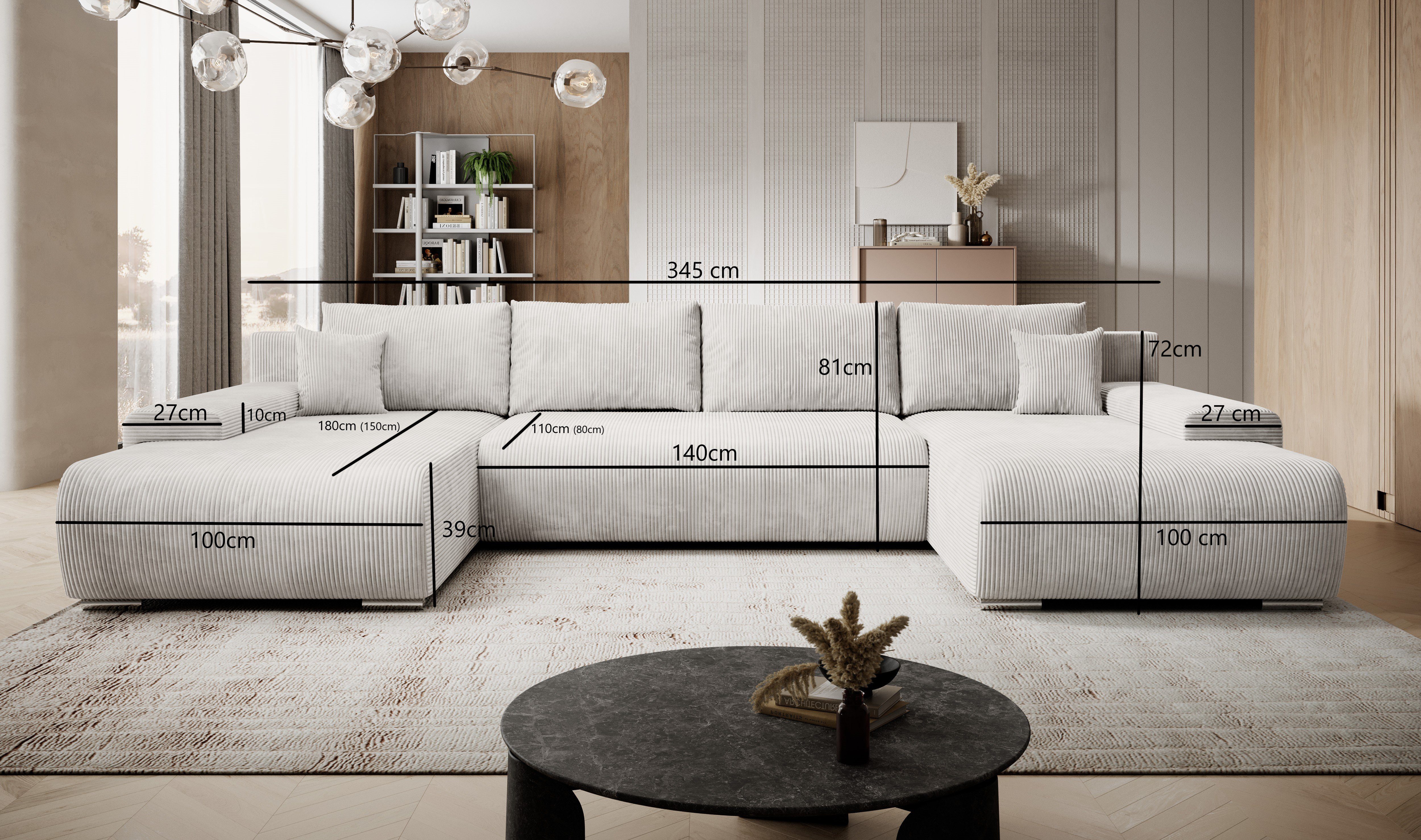 Credo Möbel U-Form mit und U-Form, beige Couch Bettkasten, Ecksofa Ecksofa PROMETO Schlaffunktion