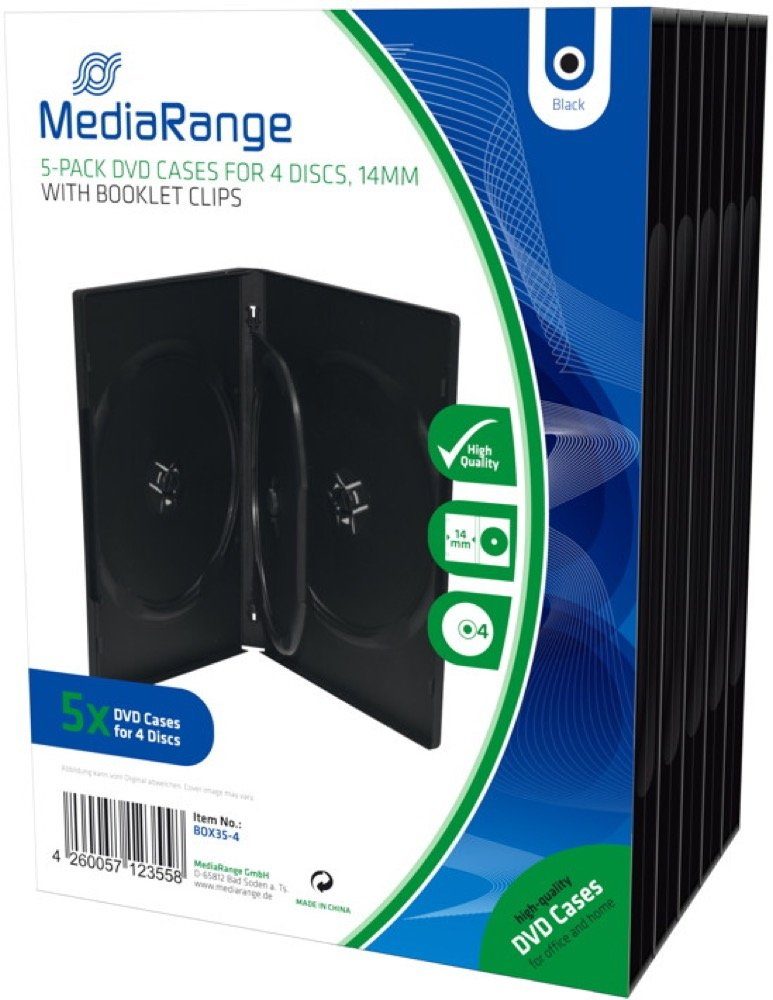 Mediarange DVD-Hülle 5 Mediarange DVD Hüllen 4er Box 14 mm für je 4 BD / CD / DVD schwarz