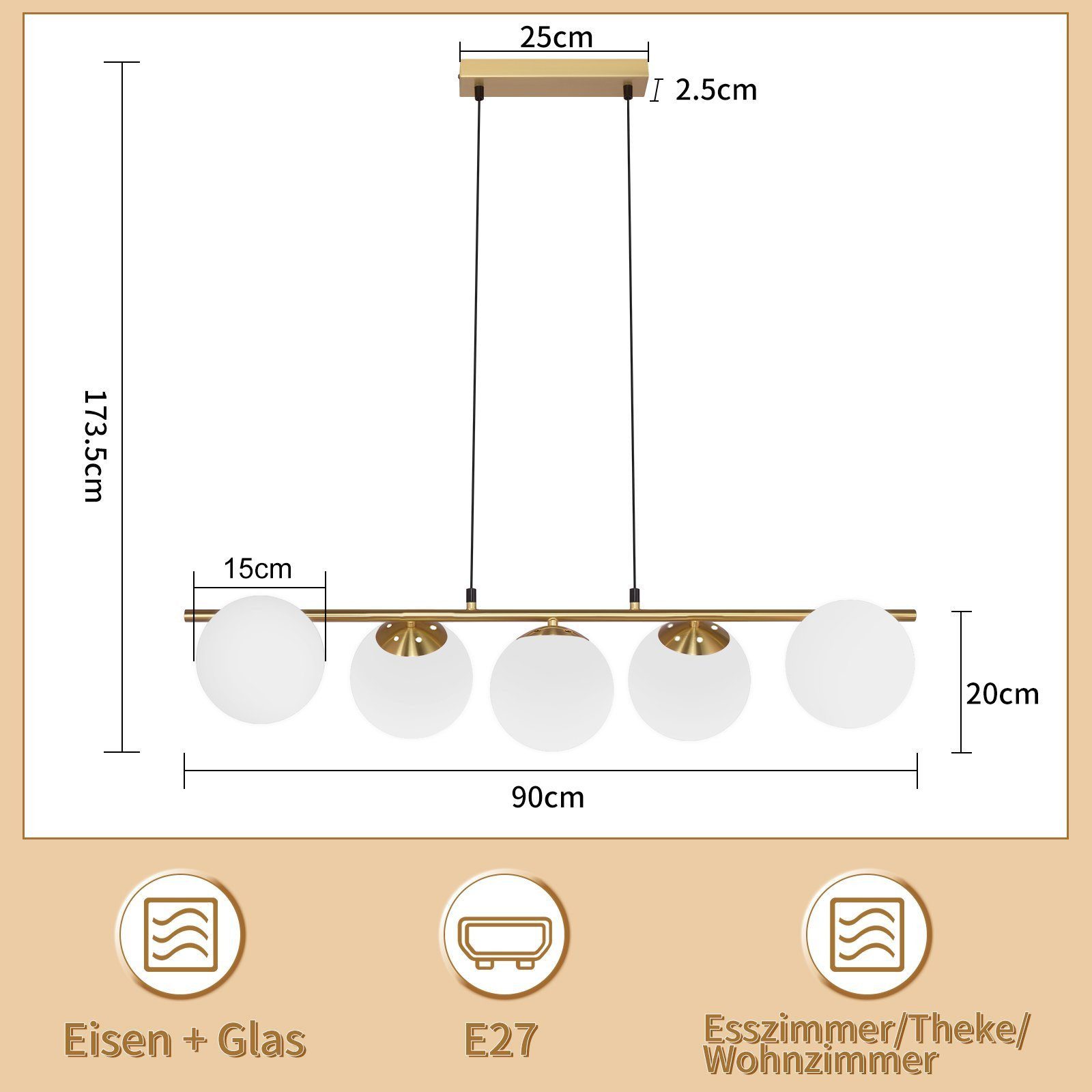 Nettlife Pendelleuchte Schwarz/Glas Hängelampe E27 5-Flammig 150CM, Höhenverstellbar, LED wechselbar, für Esszimmer Wohnzimmer Bartheke – Bild 5 von 5