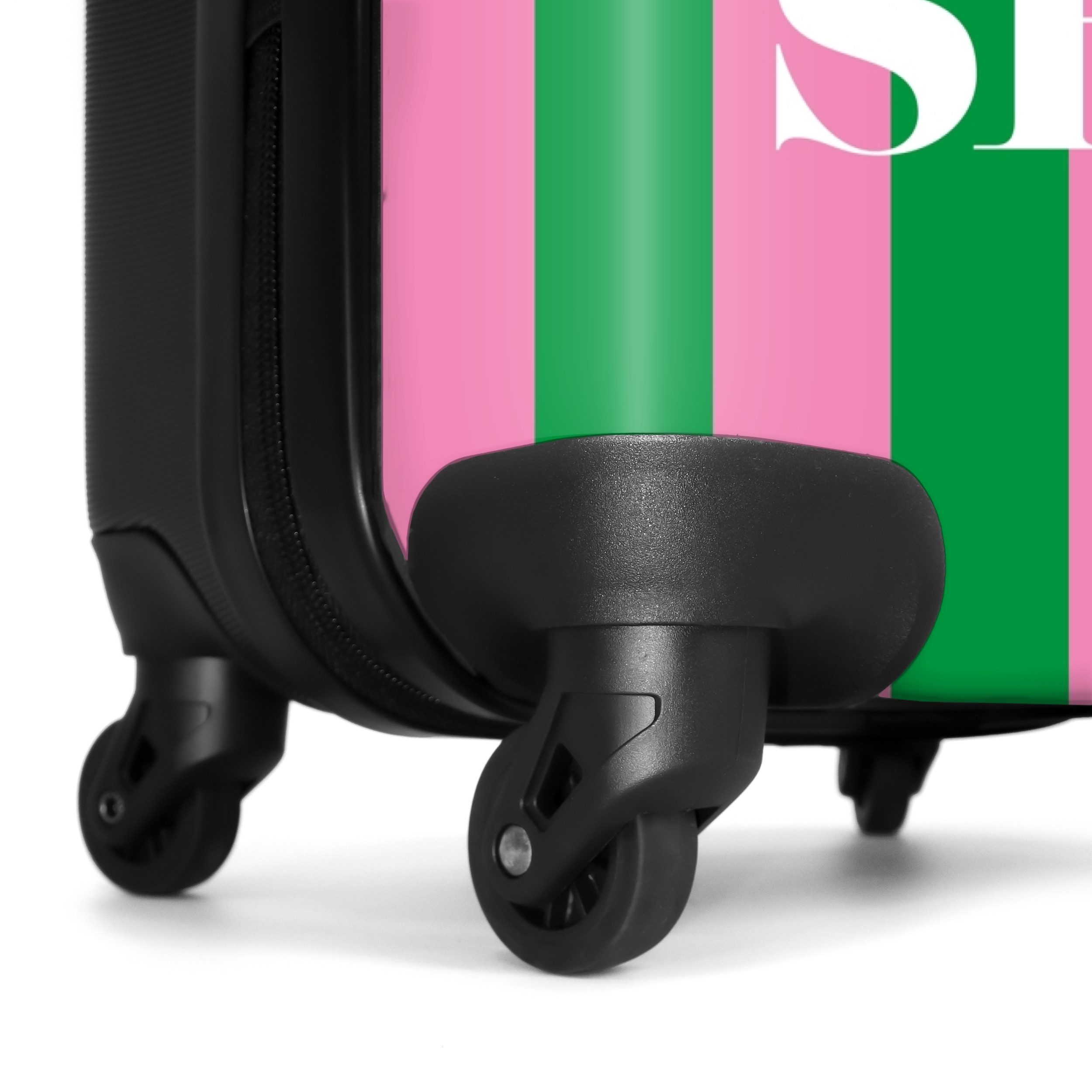 NoBoringSuitcases.com© Hartschalen-Trolley Grüne und rosa Streifen mit dem Spruch 'que sera sera' 55x35x20cm, 4 Rollen, Handgepäck Koffer & Trolleys, Luggage, Reisekoffer Frauen