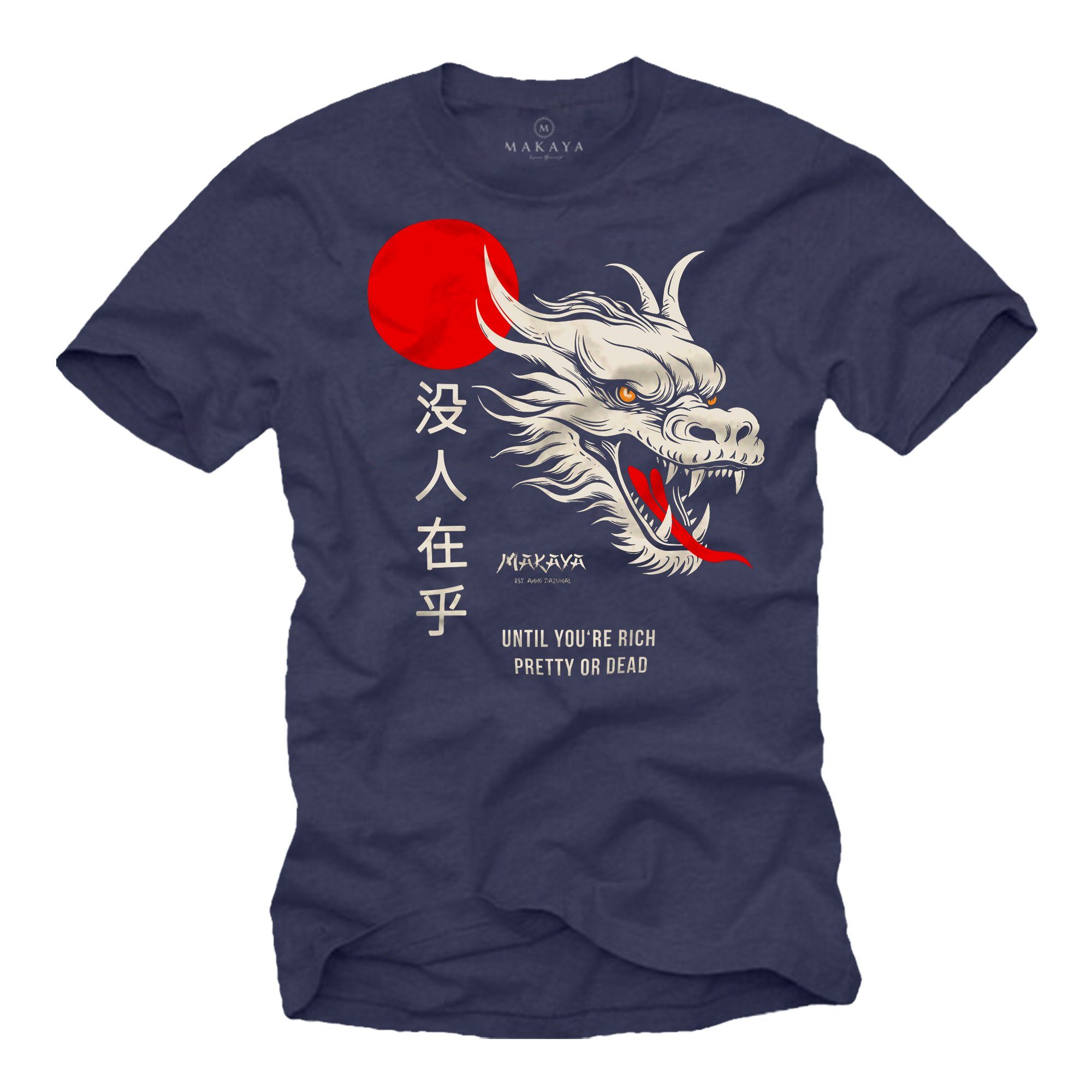 MAKAYA Print-Shirt mit Chinesischen Drachen Spruch Nobody Cares Dragon Schriftzeichen Coole Geschenke Blau