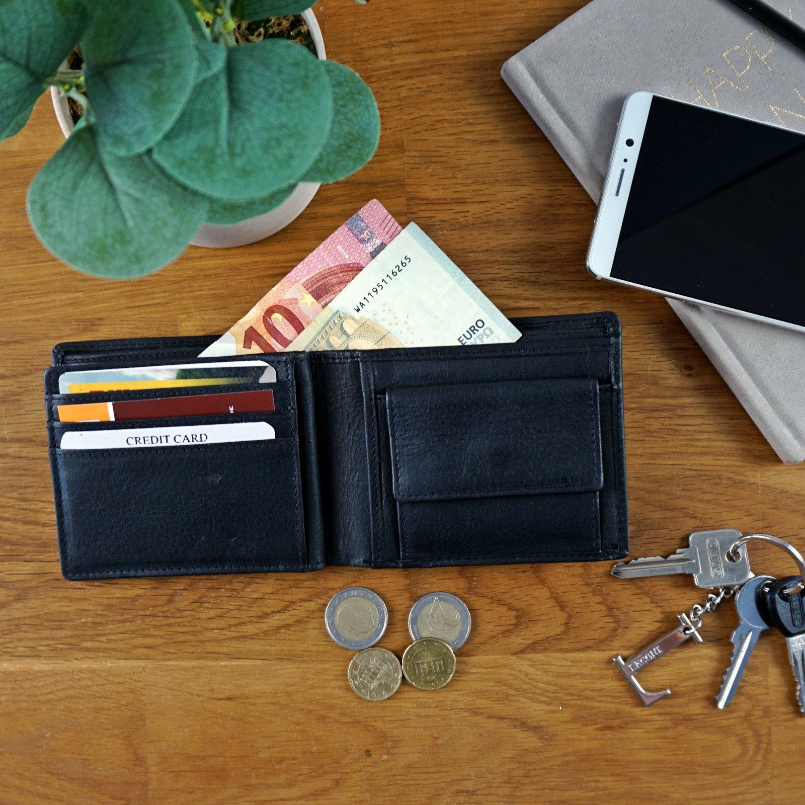 LECONI Geldbörse kompaktes Portemonnaie Herren Kartenetui RFID Portmonee Leder LE9034, 6 Kartensteckfächer, großes Münzfach + Ausweisfach, 11x9,5x2cm