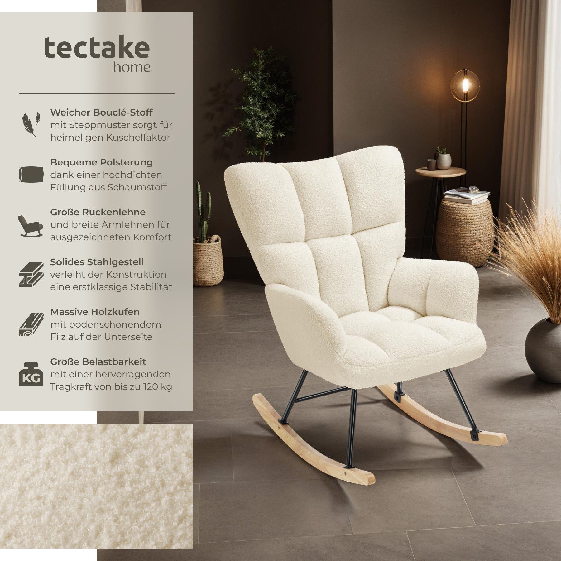 tectake Schaukelstuhl Relaxsessel Torve, gepolstert, Holzkufen, 120 kg Belastbarkeit (Set, 1 St), Kuscheliger Bouclé-Bezug mit stilvollem Steppmuster