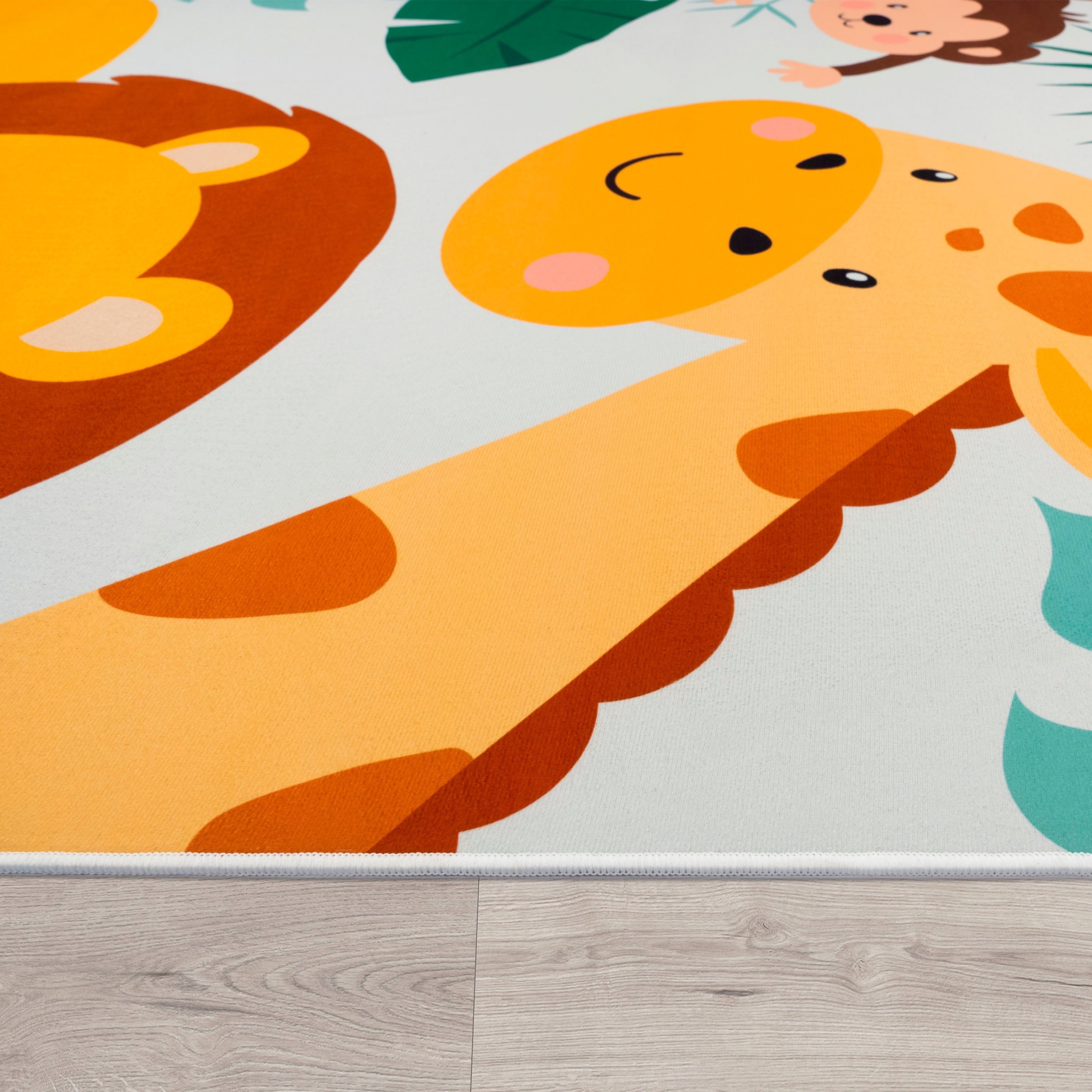 Paco Home Kinderteppich Bino 582, rechteckig, Höhe: 4 mm, Spielteppich, Motiv Tiere, Löwe & Giraffe, Kinderzimmer