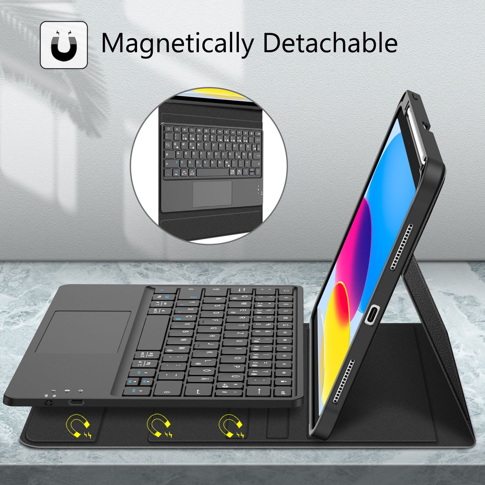 Fintie Tablet-Hülle für iPad 11. Generation 2025 11"(A16), iPad 10. Generation 2022 10.9", mit magnetischer Abnehmbarer Deutscher Touchpad Tastatur-QWERTZ Layout