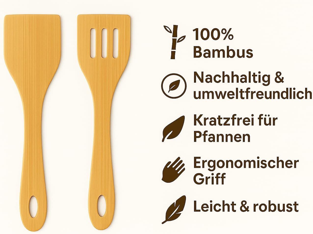hausleben Pfannenwender Bambus Pfannenwender Set 2-teilig, 30 cm, Natürlich, robust & pfannenfreundlich – Bild 5 von 5