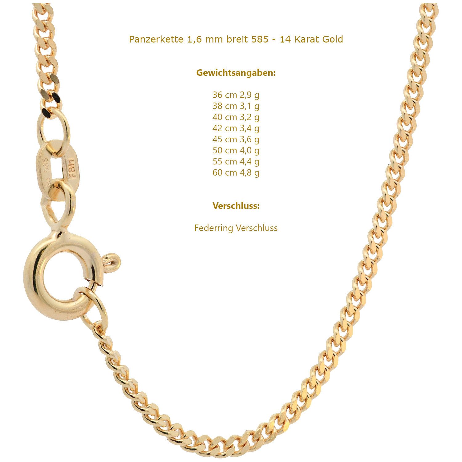 HOPLO Panzerkette Goldkette Panzerkette Halskette Breite 1,6 mm 36 cm 585-14 Karat Gold, Made in Germany – Bild 5 von 5