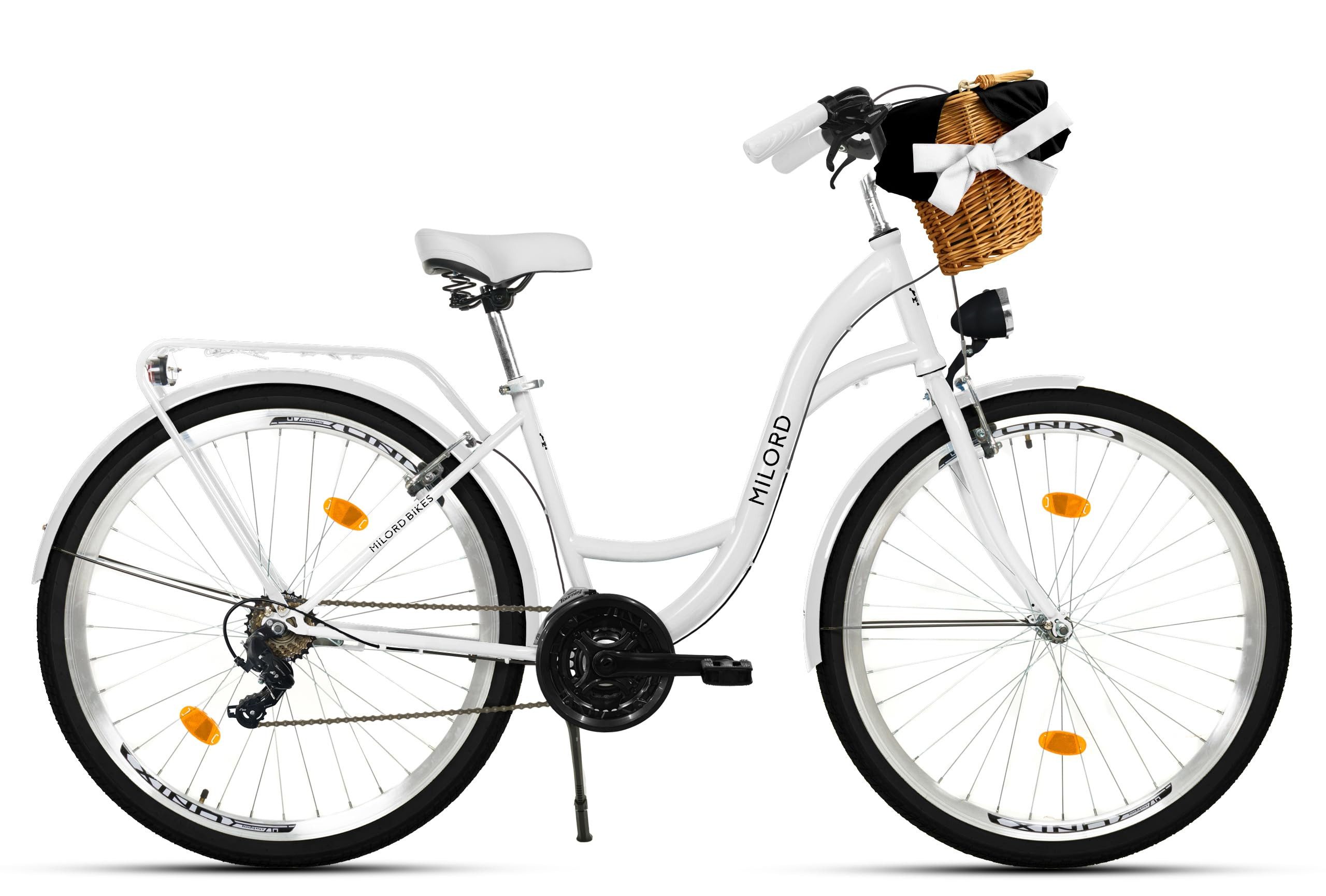 Milord Cityrad Damenfahrrad Citybike Mit Weidenkorb Fahrrad, 26/28 Zoll, 21-Gang, 21 Gang, (Fahrradständer, Gepäckträger, Klingel, Korb, Kotflügel)