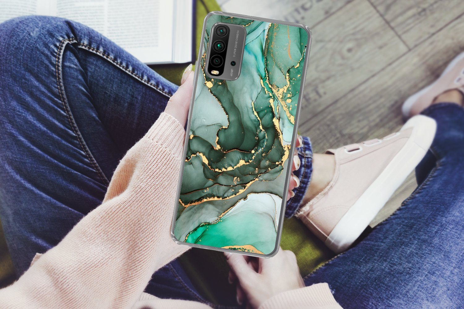 MuchoWow Handyhülle für Xiaomi Redmi 9T Gold - Marmor - Grün - Luxus - Marmoroptik - Grau, Phone Case, Silikon, Schutzhülle Dünn