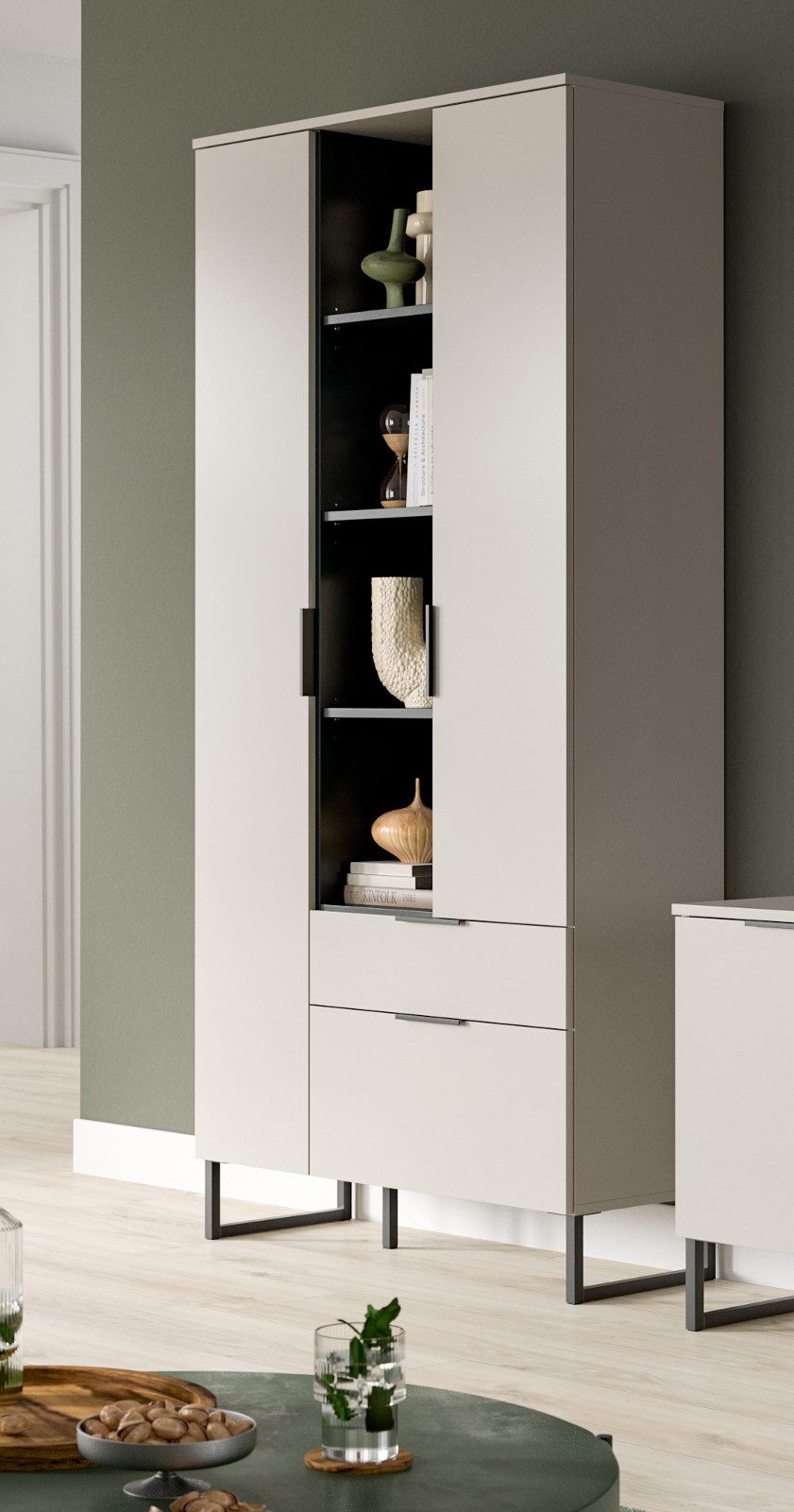 Inn.Furn Stauraumschrank Morena (Wohnzimmerschrank in Sand / Kaschmir, 3-türig, 90 x 192 cm) 12 Fächer, Soft-Close-Funktion