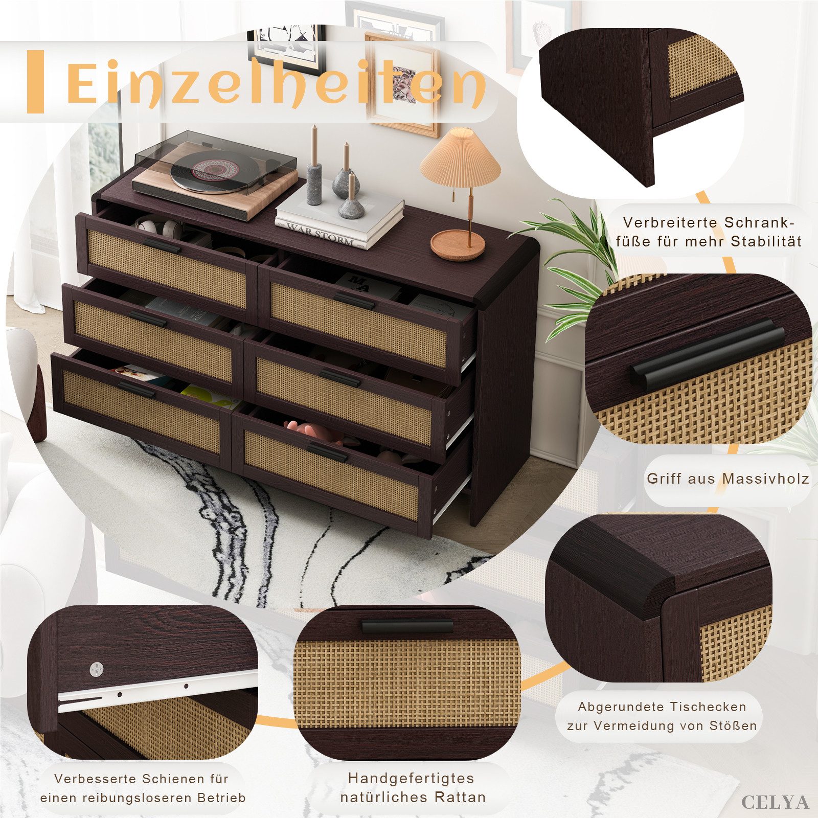 Celya Kommode 130cm Kommode mit 6 Schubladen, mit schubladen, Rattanschrank (kommoden für schlafzimmer, Braun), Arc Shaped Corner Rattan Cabinet