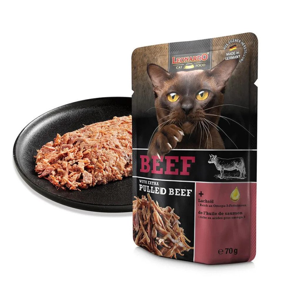 Leonardo Catfood Beef mit extra pulled Beef 16x70g, Nassfutter für: Katzen