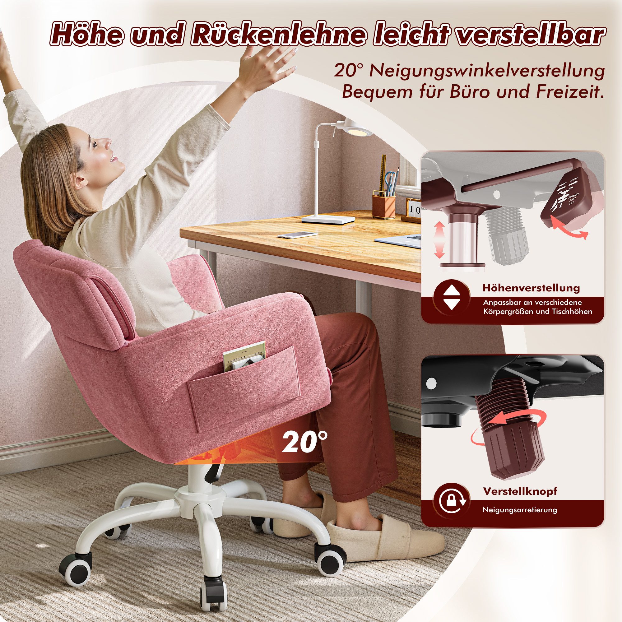 Klyvvo Drehstuhl Schreibtischstuhl, Schminktisch Stuhl mit Samtbezug, (1 St), Ideal für Homeoffice, Büro, Schlafzimmer, Jugendzimmer – Bild 5 von 5
