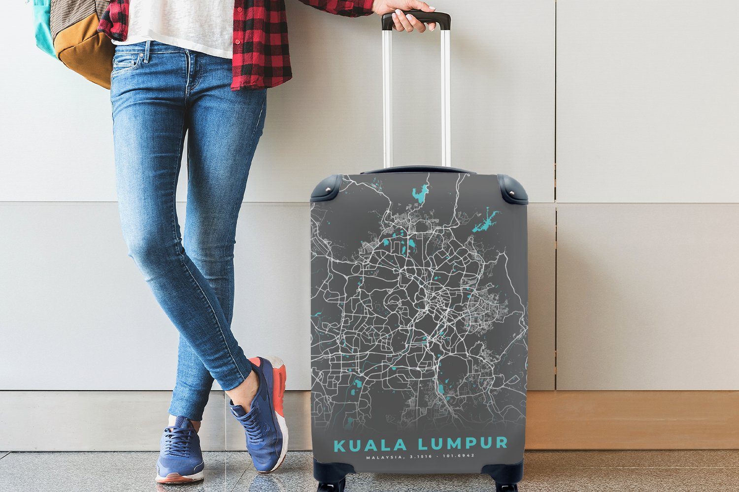 Handgepäck Kuala - Blau, mit Reisetasche MuchoWow Trolley, Karte - Rollen, Reisekoffer Stadtplan Handgepäckkoffer für Lumpur - Ferien, rollen, 4