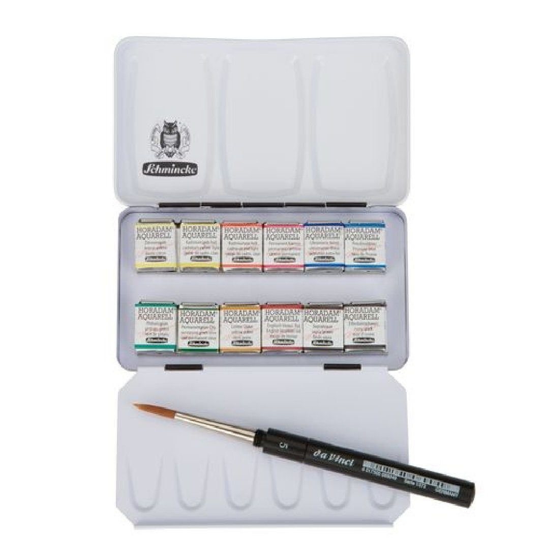 Schmincke Kreativset Horadam Aquarell-Kasten 12x1/2 Näpfchen, (Aquarell-Set, 14-tlg), inkl. DaVinci Aquarell-Reisepinsel